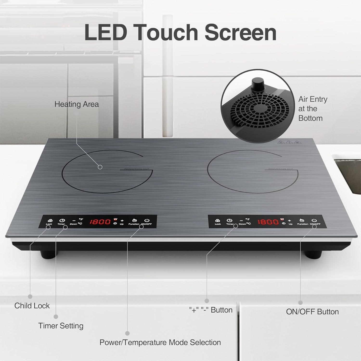 imageVBGK Double Induction Cooktop 24 inch 4000W Electric cooktop with hot plate induction stove top with LED Touch Screen 9 Levels Settings with Child Safety Lock ampamp Timer 110V Induction cooktop 2 burner