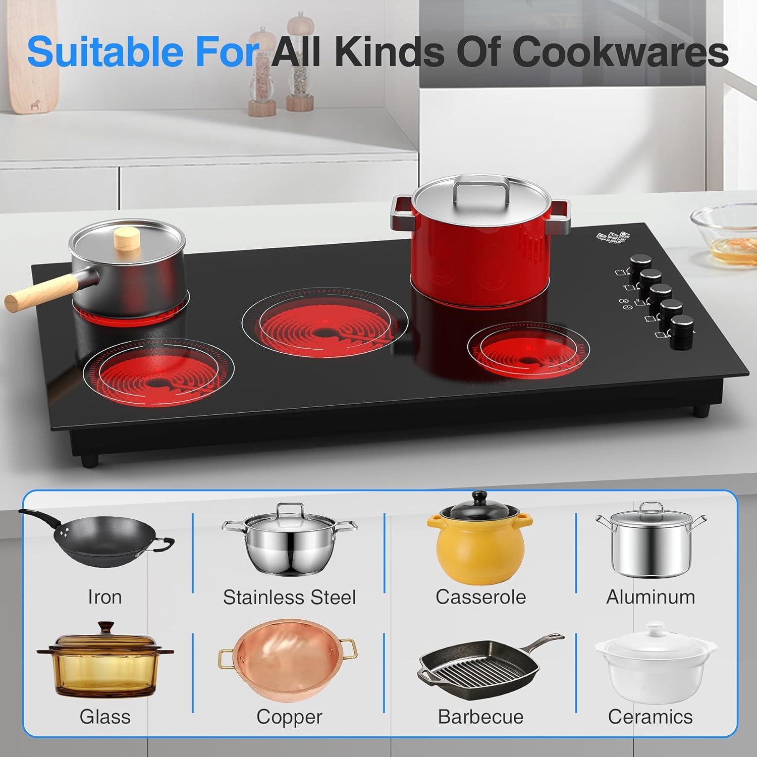imageVBGK Electric Cooktop 36 inchBuiltin 36 inch Electric Cooktop 8000W Power Control by Knob 36 induction cooktop with 9 Power Levels with Child Safety Lock TimerOverTemperature 220V240V5 Burner Electric Cooktop