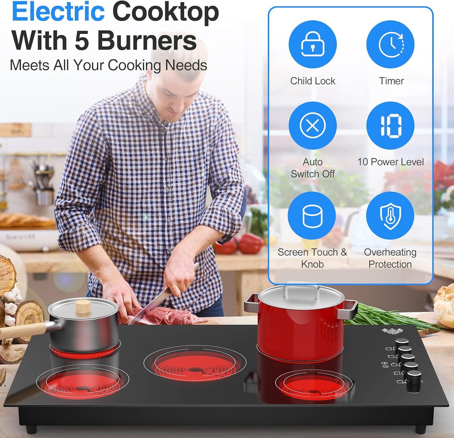 imageVBGK Electric Cooktop 36 inchBuiltin 36 inch Electric Cooktop 8000W Power Control by Knob 36 induction cooktop with 9 Power Levels with Child Safety Lock TimerOverTemperature 220V240V5 Burner Electric Cooktop