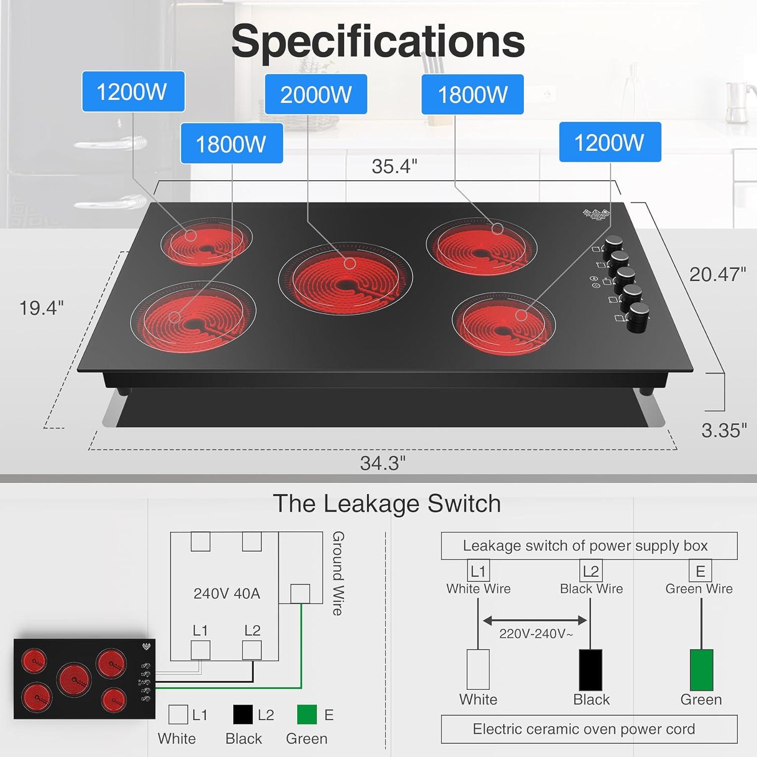 imageVBGK Electric Cooktop 36 inchBuiltin 36 inch Electric Cooktop 8000W Power Control by Knob 36 induction cooktop with 9 Power Levels with Child Safety Lock TimerOverTemperature 220V240V5 Burner Electric Cooktop