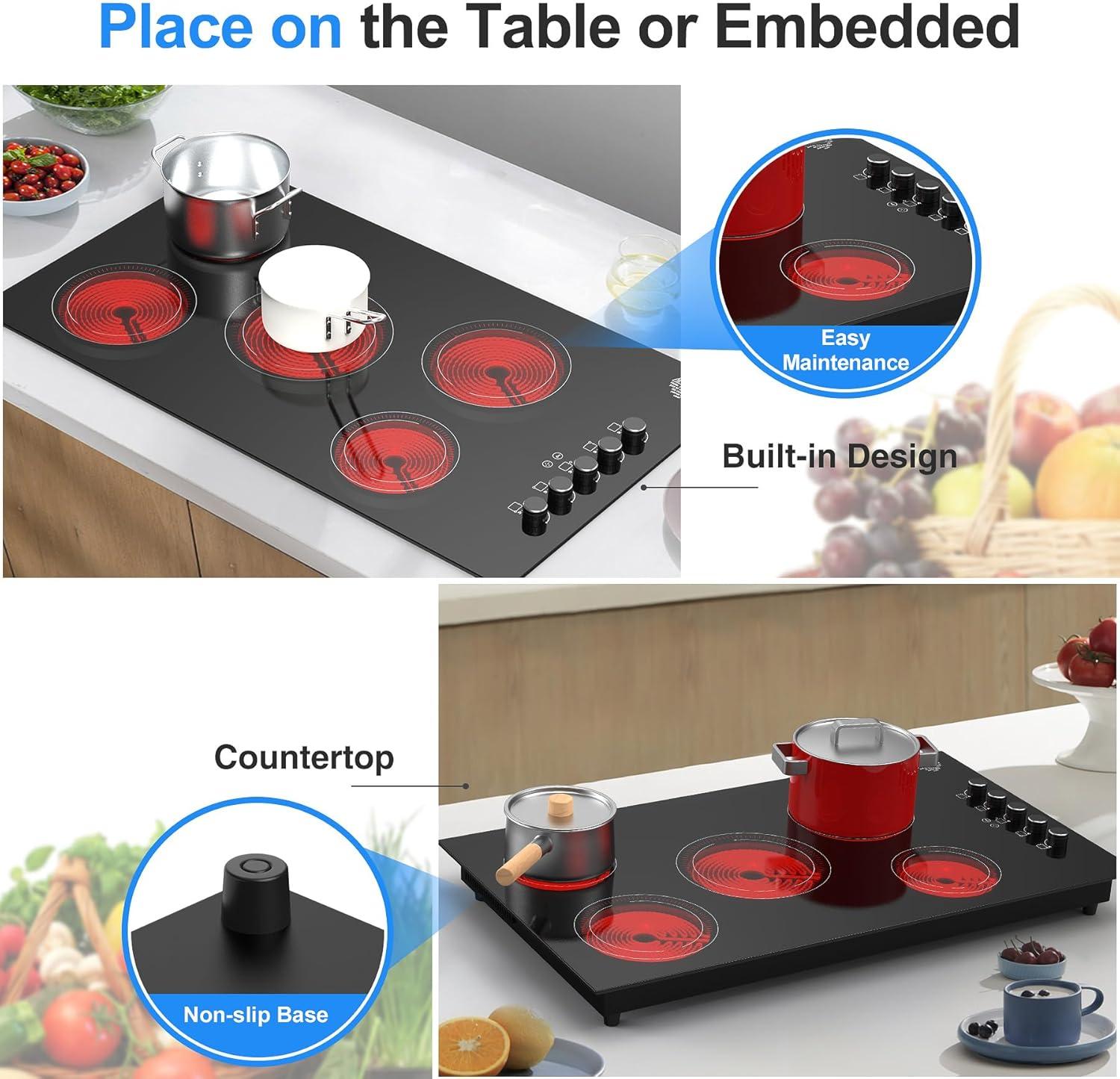 imageVBGK Electric Cooktop 36 inchBuiltin 36 inch Electric Cooktop 8000W Power Control by Knob 36 induction cooktop with 9 Power Levels with Child Safety Lock TimerOverTemperature 220V240V5 Burner Electric Cooktop