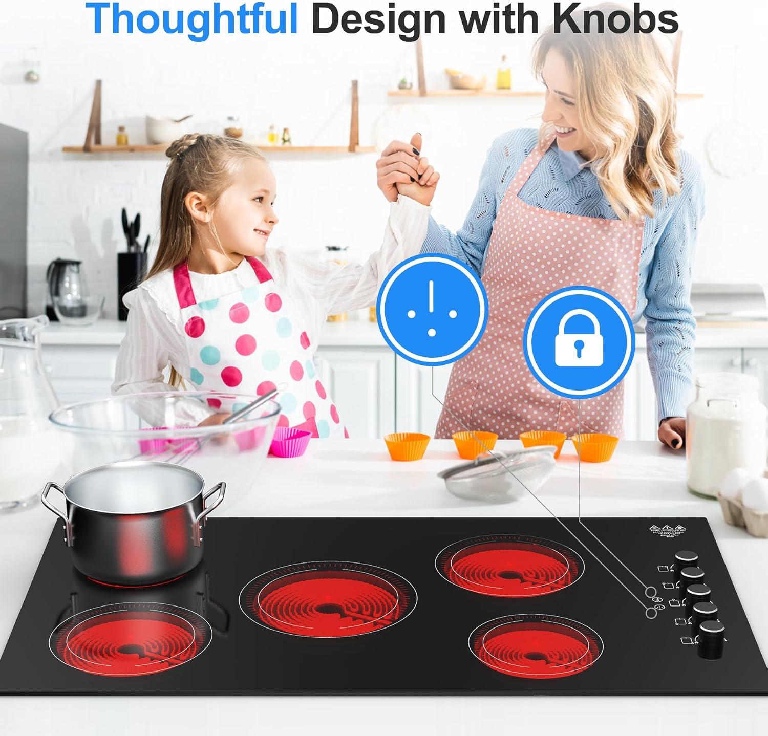 imageVBGK Electric Cooktop 36 inchBuiltin 36 inch Electric Cooktop 8000W Power Control by Knob 36 induction cooktop with 9 Power Levels with Child Safety Lock TimerOverTemperature 220V240V5 Burner Electric Cooktop