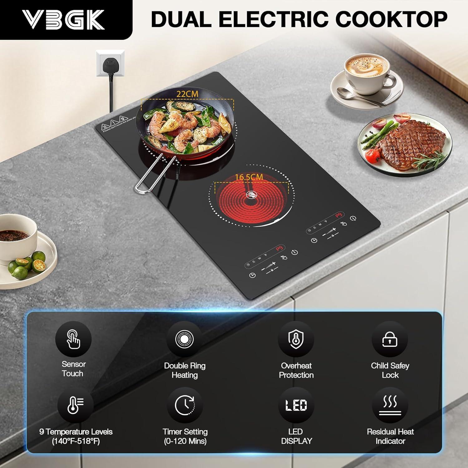 imageVBGK Electric Cooktop110V 2100W 2 Burner Electric CooktopCountertop and Builtin Stove top with 9 Power LevelsChild Safety Lock Timer LED touch controlOverheat Protection