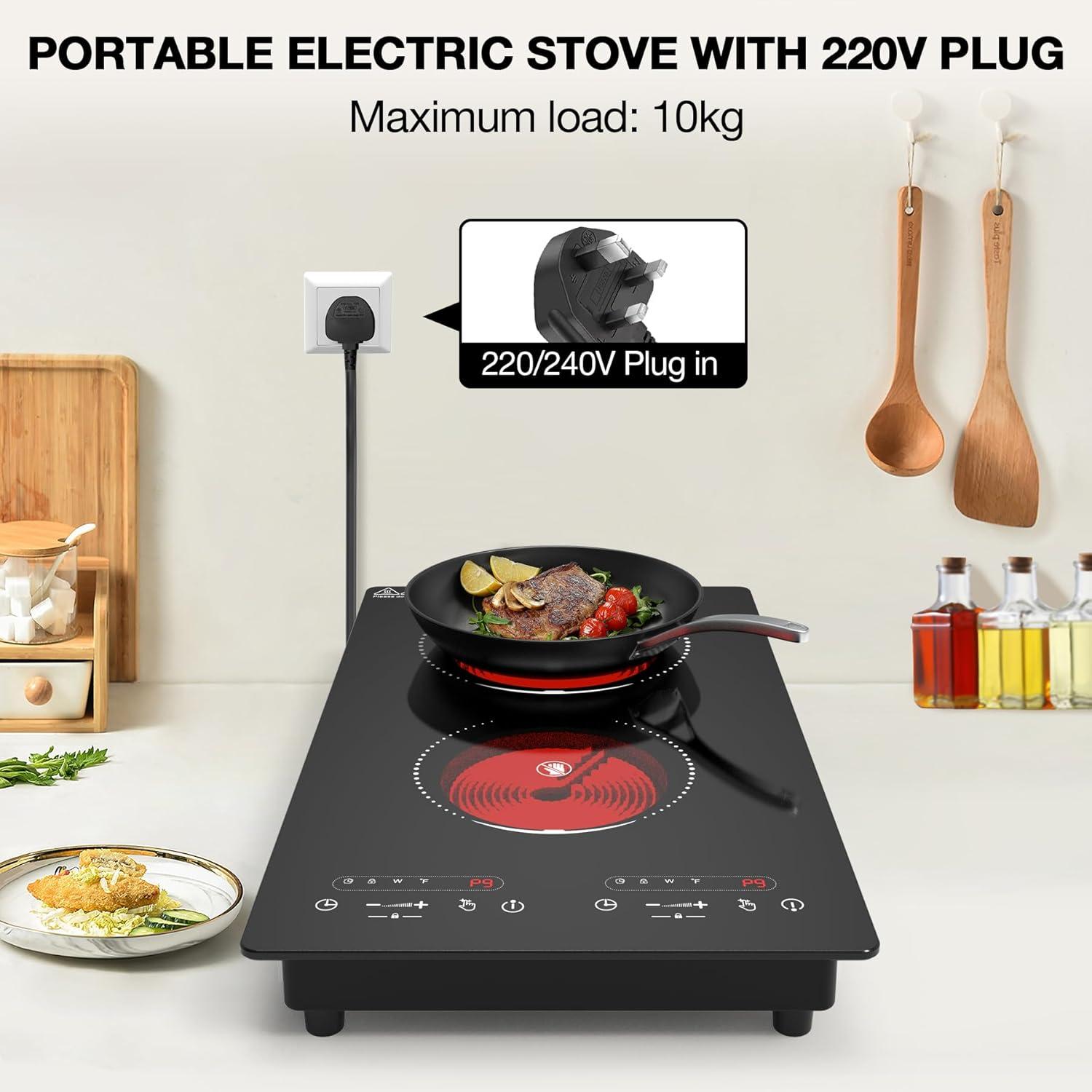 imageVBGK Electric Cooktop110V 2100W 2 Burner Electric CooktopCountertop and Builtin Stove top with 9 Power LevelsChild Safety Lock Timer LED touch controlOverheat Protection