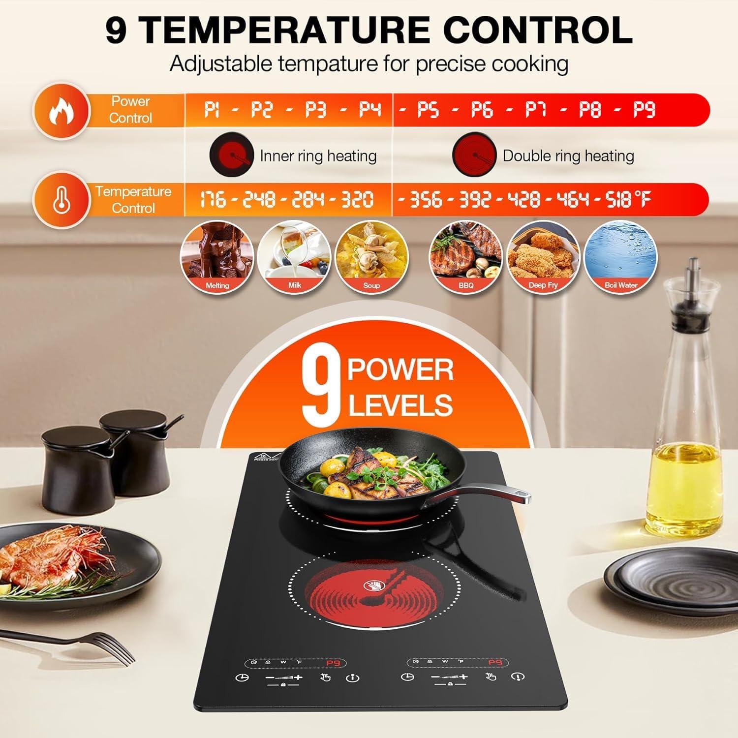 imageVBGK Electric Cooktop110V 2100W 2 Burner Electric CooktopCountertop and Builtin Stove top with 9 Power LevelsChild Safety Lock Timer LED touch controlOverheat Protection