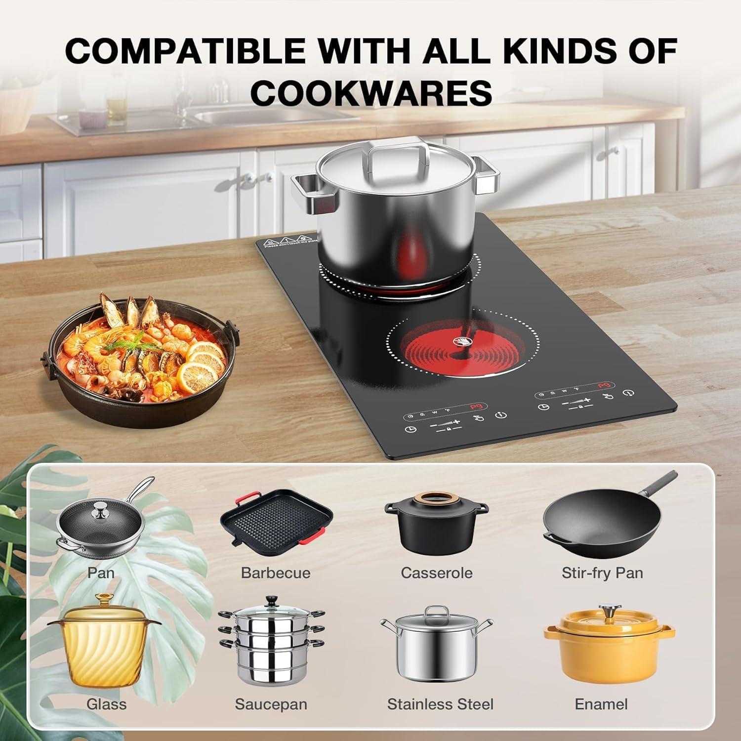imageVBGK Electric Cooktop110V 2100W 2 Burner Electric CooktopCountertop and Builtin Stove top with 9 Power LevelsChild Safety Lock Timer LED touch controlOverheat Protection