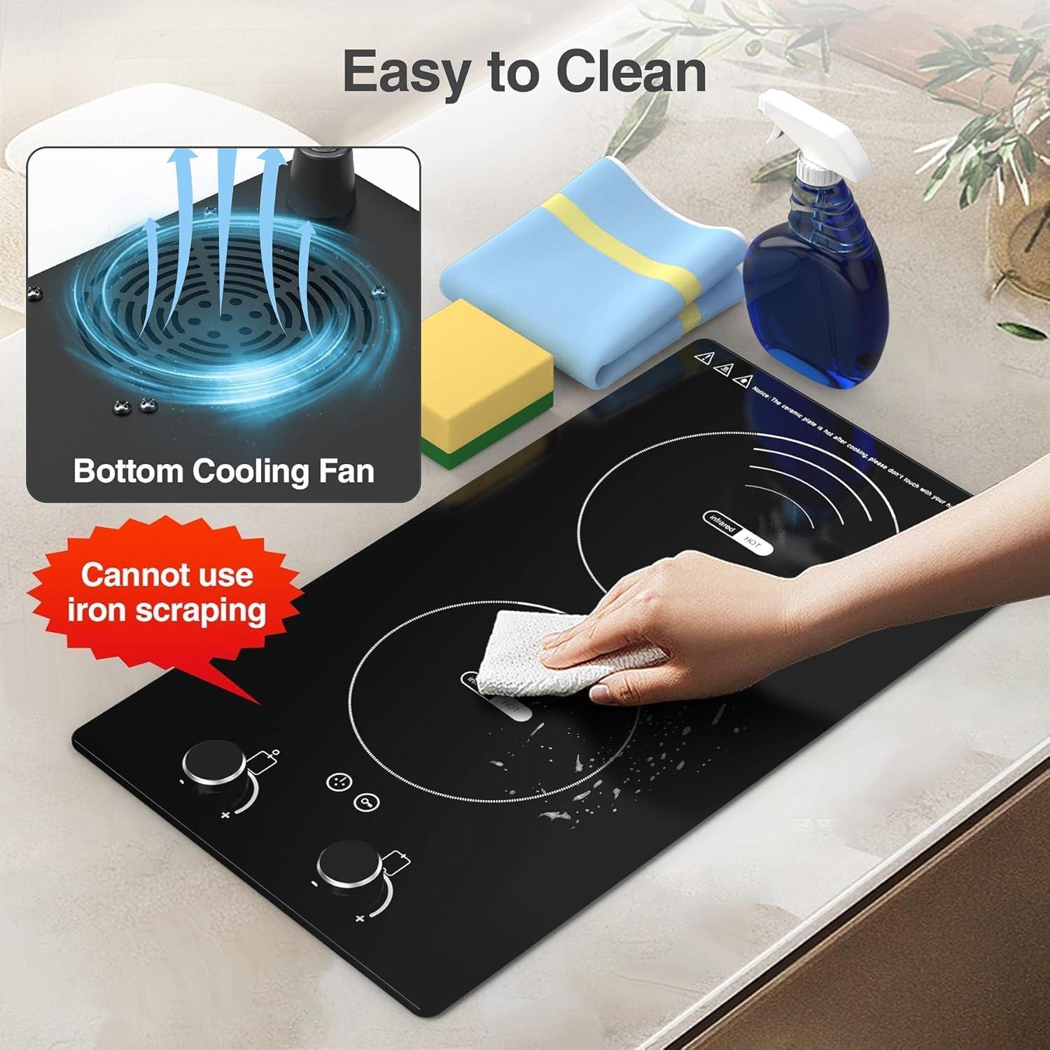 imageVBGK Electric Cooktop110V 2100W Electric Stove Top with Knob Control 9 Power Levels Kids Lock ampamp Timer Hot Surface Indicator Overheat Protection12 Inch Builtin Radiant 2 burner Electric Cooktop
