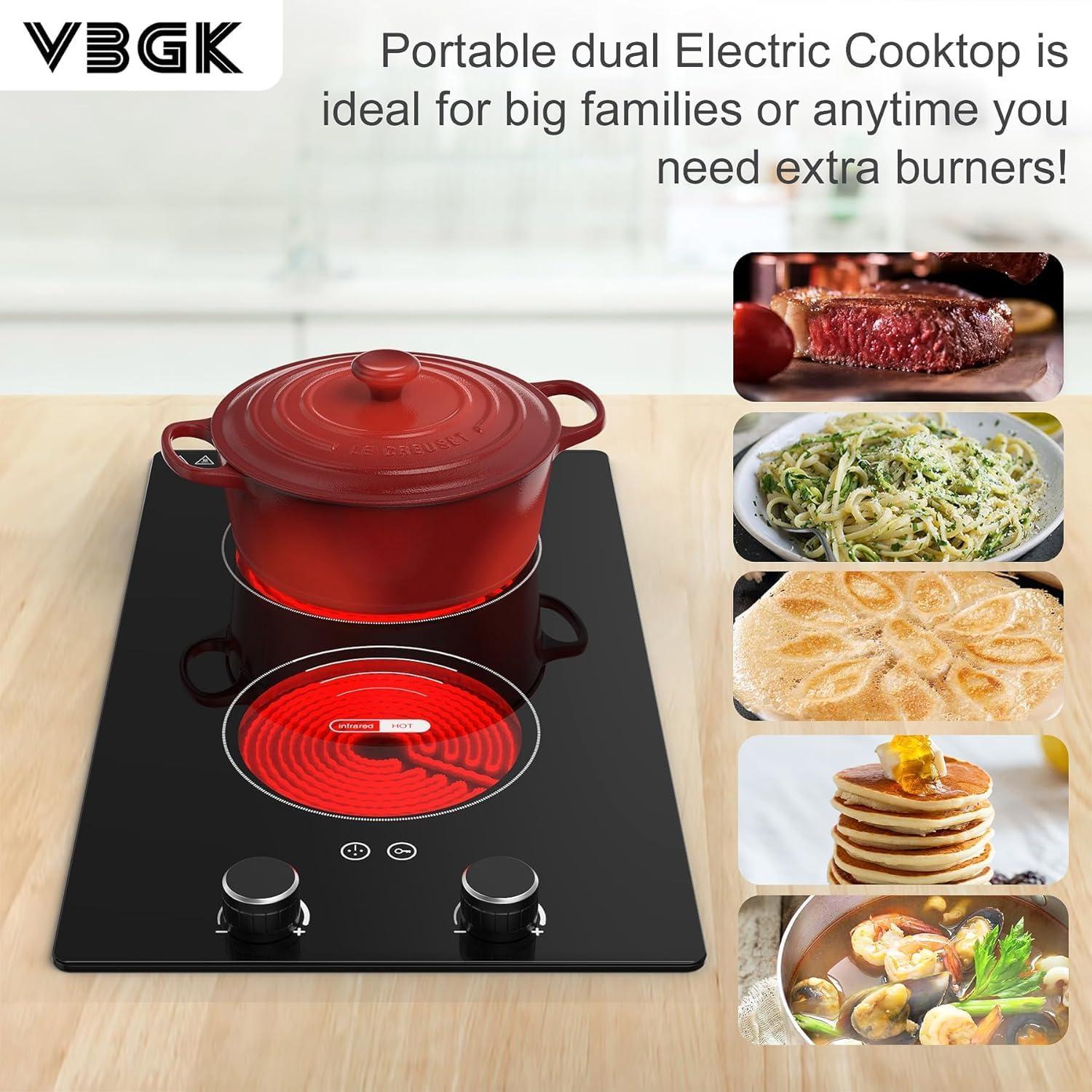 imageVBGK Electric Cooktop110V 2100W Electric Stove Top with Knob Control 9 Power Levels Kids Lock ampamp Timer Hot Surface Indicator Overheat Protection12 Inch Builtin Radiant 2 burner Electric Cooktop