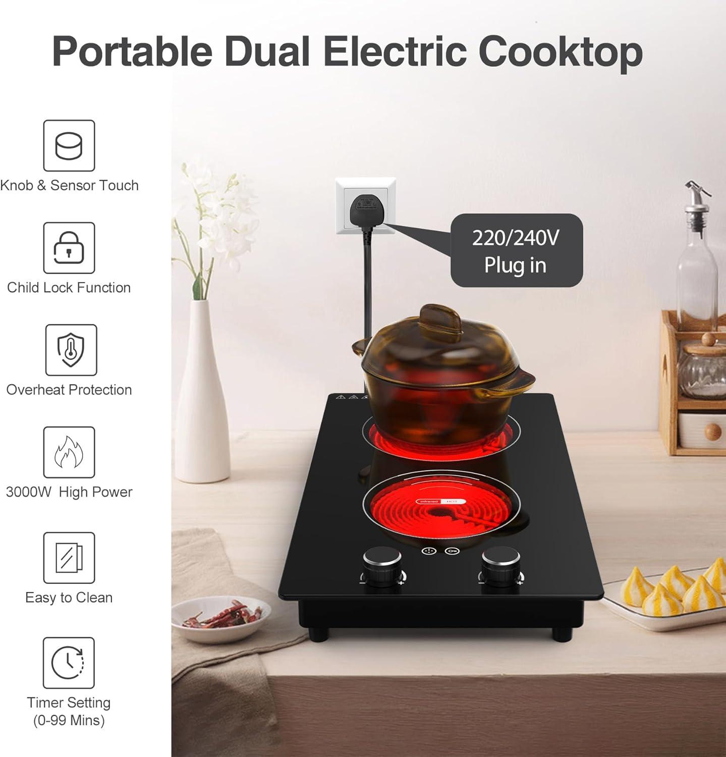 imageVBGK Electric Cooktop110V 2100W Electric Stove Top with Knob Control 9 Power Levels Kids Lock ampamp Timer Hot Surface Indicator Overheat Protection12 Inch Builtin Radiant 2 burner Electric Cooktop