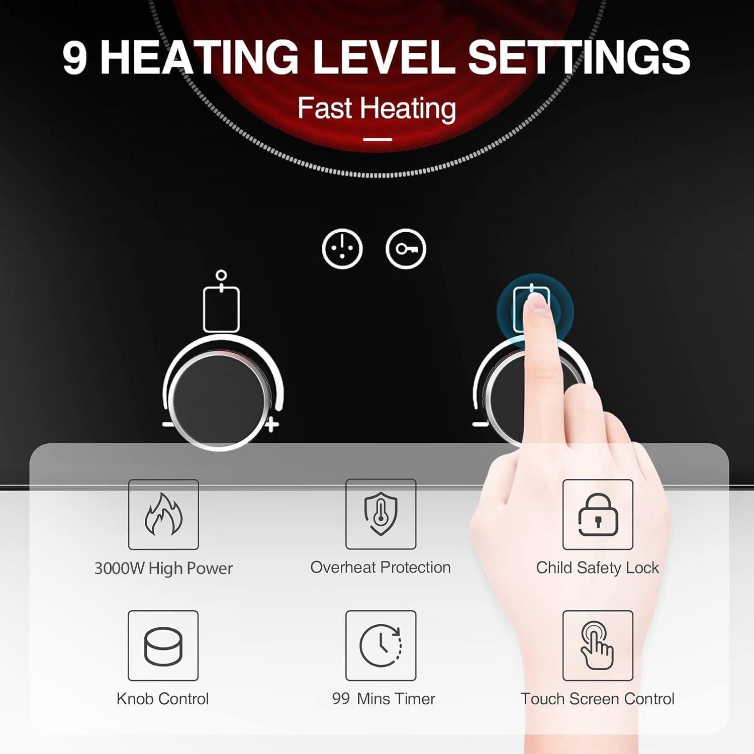 imageVBGK Electric Cooktop110V 2100W Electric Stove Top with Knob Control 9 Power Levels Kids Lock ampamp Timer Hot Surface Indicator Overheat Protection12 Inch Builtin Radiant 2 burner Electric Cooktop