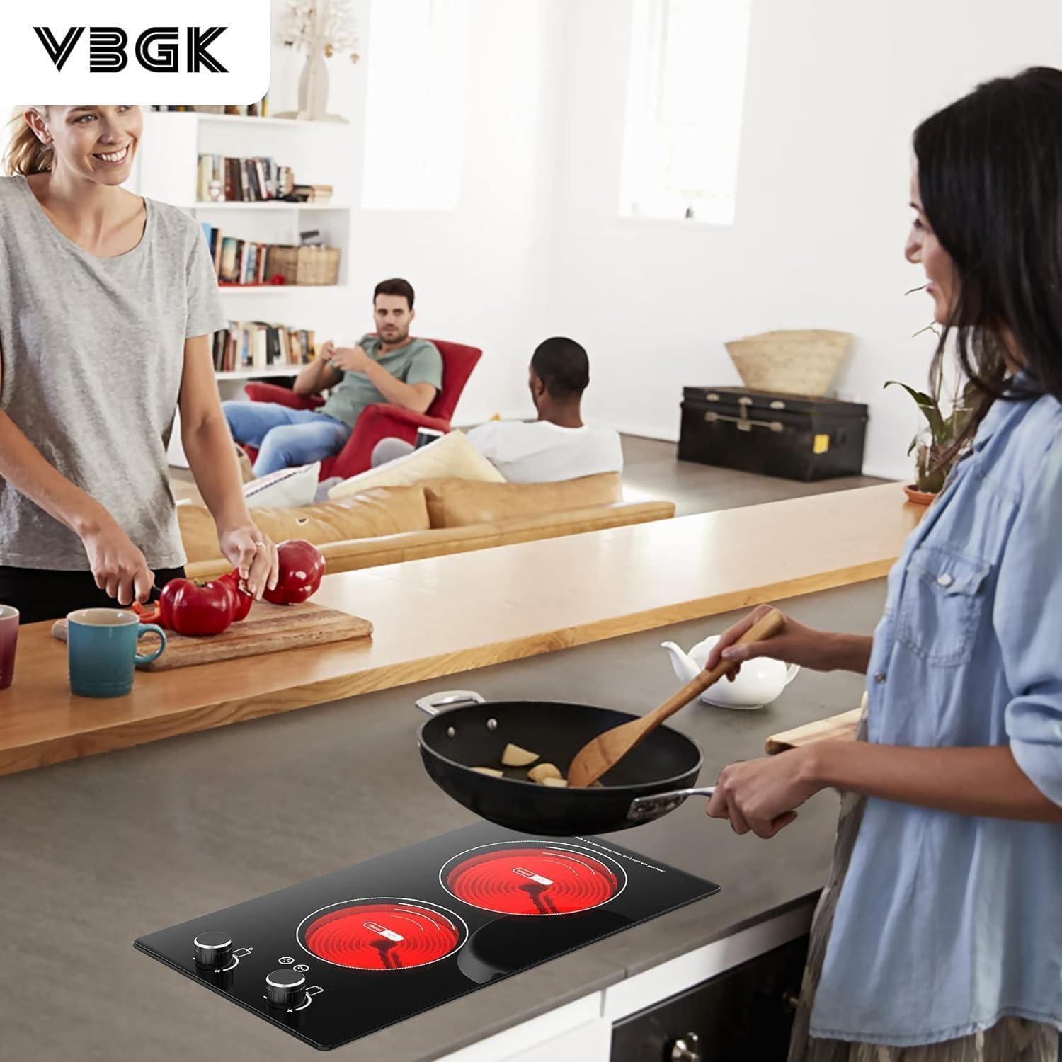 imageVBGK Electric Cooktop110V 2100W Electric Stove Top with Knob Control 9 Power Levels Kids Lock ampamp Timer Hot Surface Indicator Overheat Protection12 Inch Builtin Radiant 2 burner Electric Cooktop