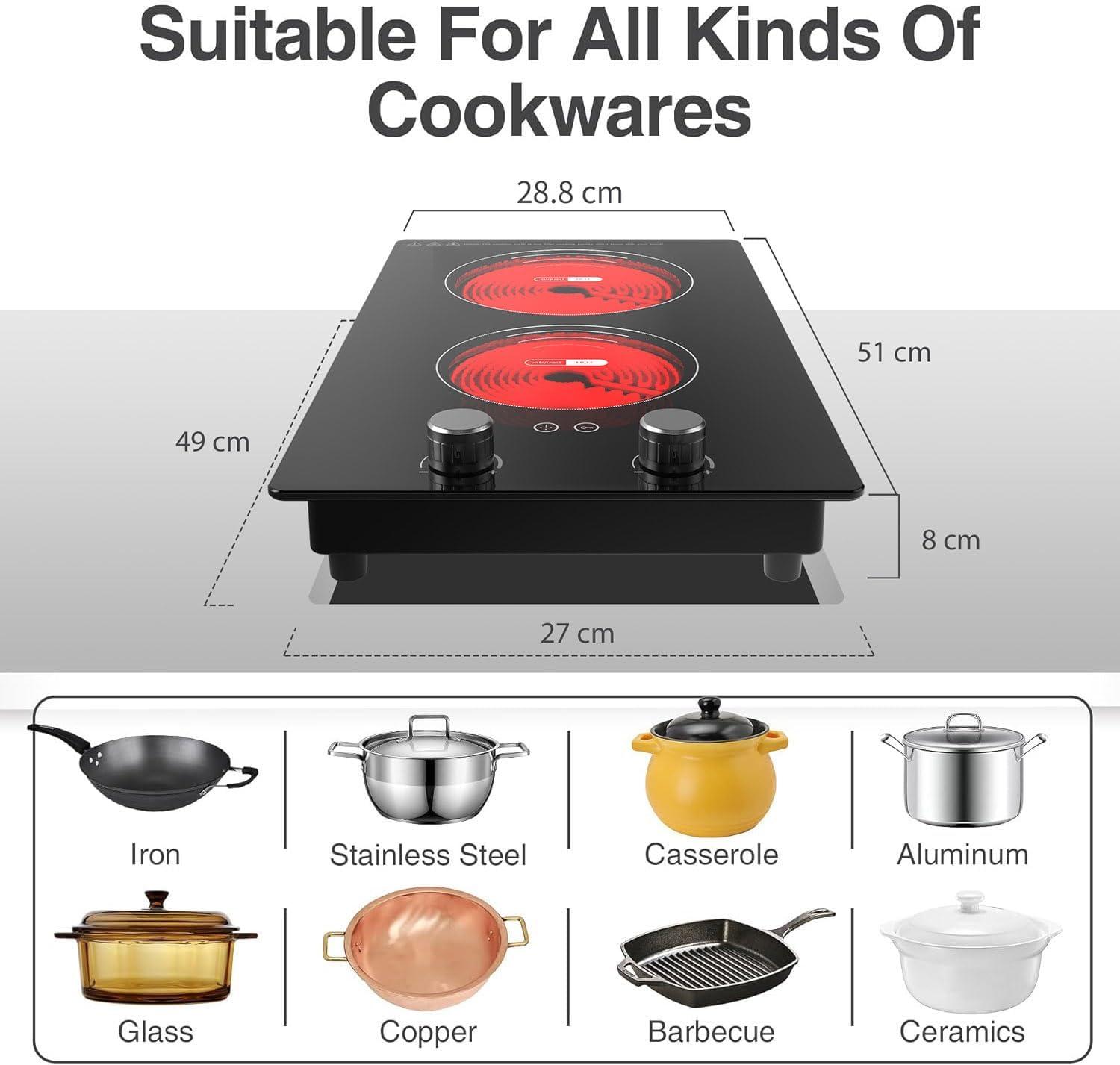 imageVBGK Electric Cooktop110V 2100W Electric Stove Top with Knob Control 9 Power Levels Kids Lock ampamp Timer Hot Surface Indicator Overheat Protection12 Inch Builtin Radiant 2 burner Electric Cooktop