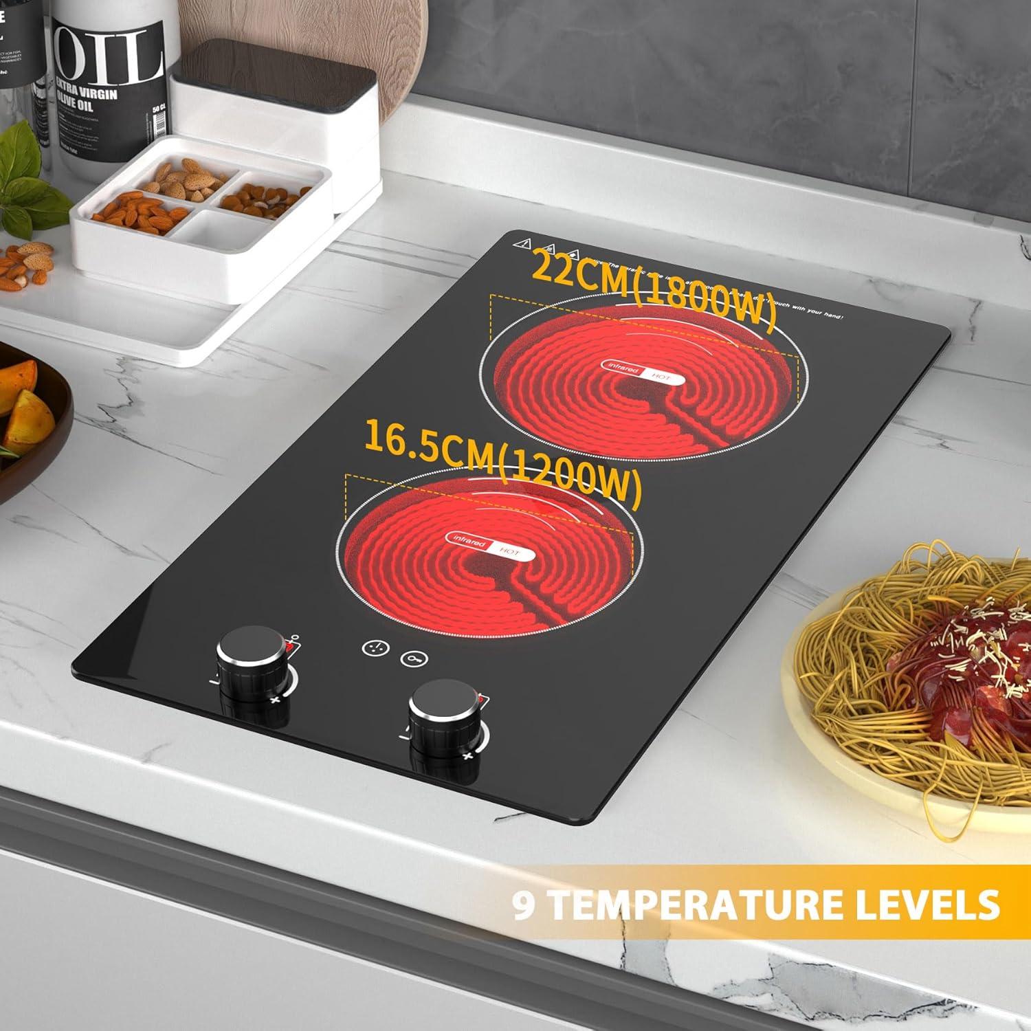 imageVBGK Electric Cooktop110V 2100W Electric Stove Top with Knob Control 9 Power Levels Kids Lock ampamp Timer Hot Surface Indicator Overheat Protection12 Inch Builtin Radiant 2 burner Electric Cooktop