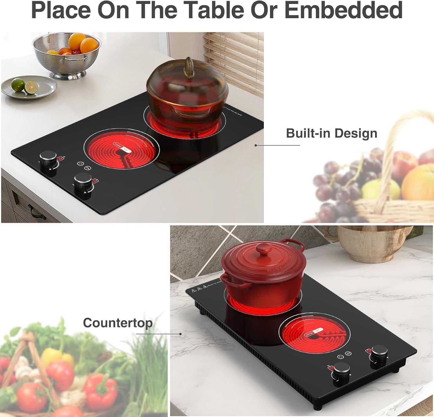imageVBGK Electric Cooktop110V 2100W Electric Stove Top with Knob Control 9 Power Levels Kids Lock ampamp Timer Hot Surface Indicator Overheat Protection12 Inch Builtin Radiant 2 burner Electric Cooktop