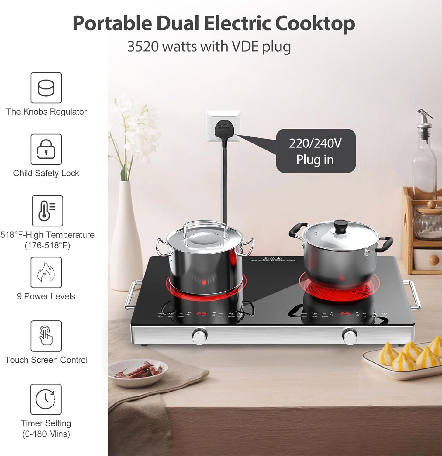 imageVBGK Electric Cooktop110V 2400W Electric Stove Top with Knob Control9 Power Levels Kids Lock ampamp TimerLED touch controlOverheat Protection Electric stove24 Inch desktop 2 burner
