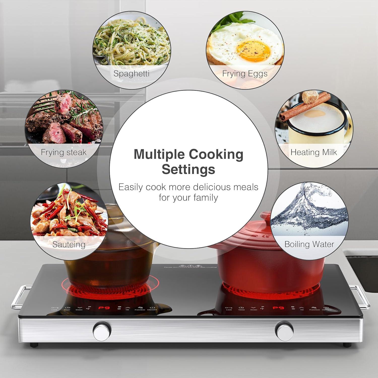 imageVBGK Electric Cooktop110V 2400W Electric Stove Top with Knob Control9 Power Levels Kids Lock ampamp TimerLED touch controlOverheat Protection Electric stove24 Inch desktop 2 burner