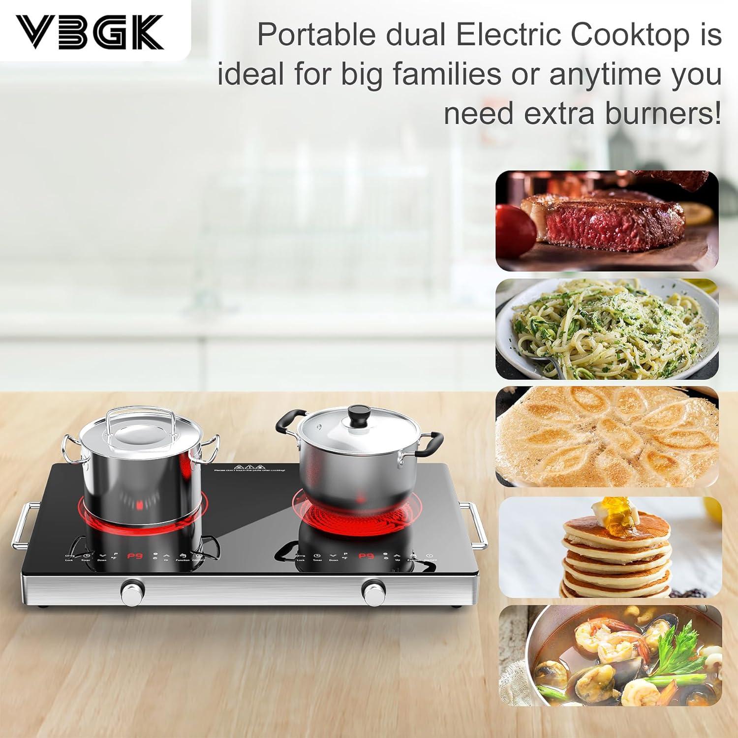 imageVBGK Electric Cooktop110V 2400W Electric Stove Top with Knob Control9 Power Levels Kids Lock ampamp TimerLED touch controlOverheat Protection Electric stove24 Inch desktop 2 burner