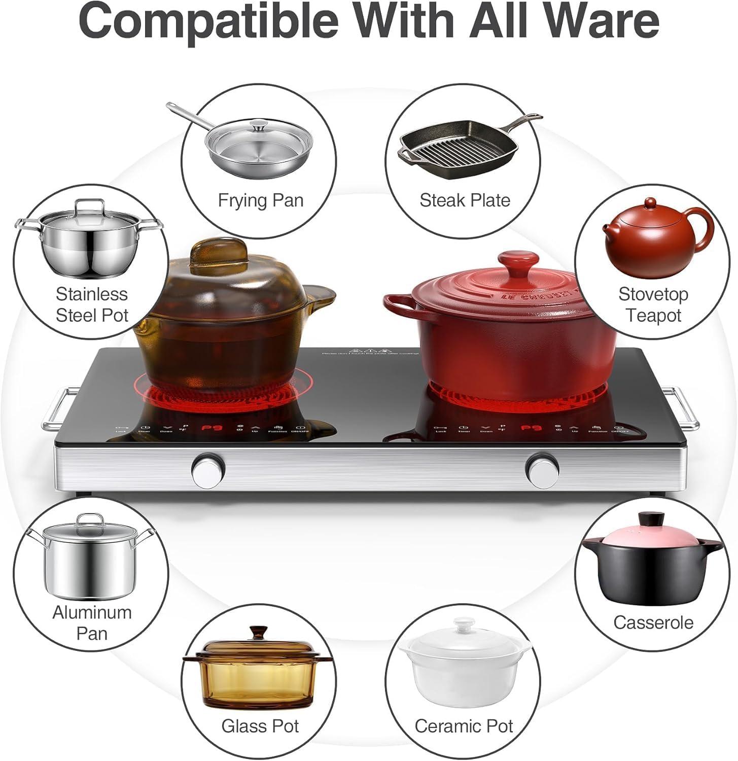 imageVBGK Electric Cooktop110V 2400W Electric Stove Top with Knob Control9 Power Levels Kids Lock ampamp TimerLED touch controlOverheat Protection Electric stove24 Inch desktop 2 burner