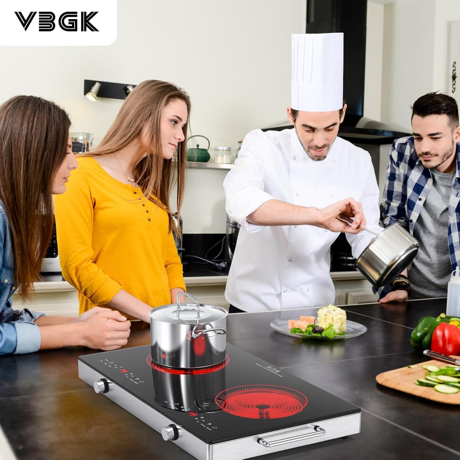 imageVBGK Electric Cooktop110V 2400W Electric Stove Top with Knob Control9 Power Levels Kids Lock ampamp TimerLED touch controlOverheat Protection Electric stove24 Inch desktop 2 burner