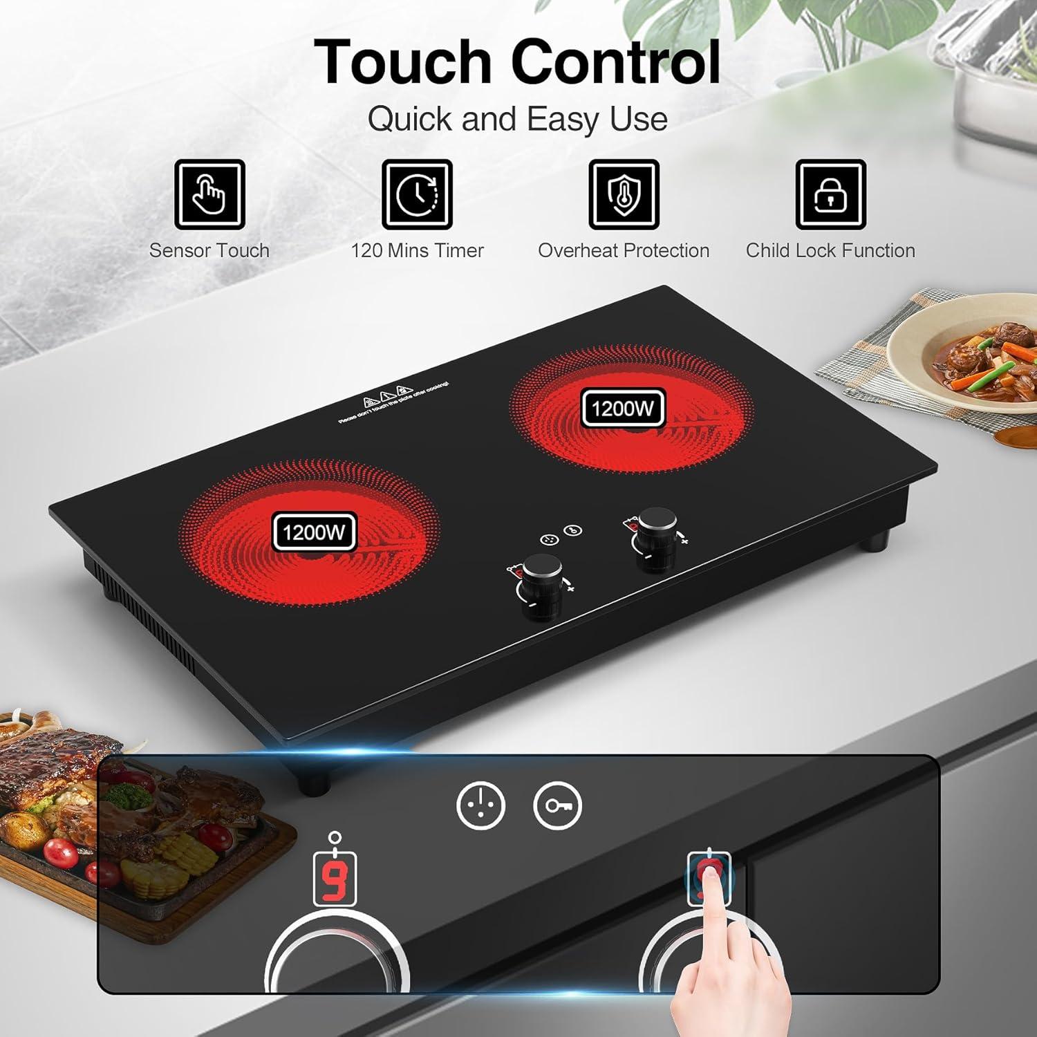 imageVBGK Electric Cooktop2400W Electric Stove TopCountertop and Builtin Hot Plate with Child Safety Lock Timer LED touch Knob ControlOverheat Protection110V 2 Burner Induction Cooktop