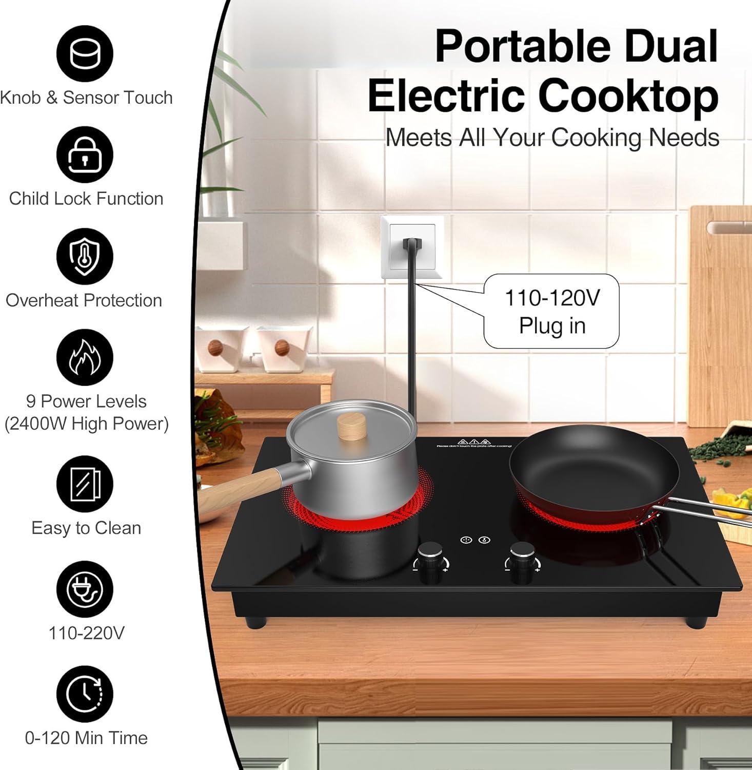 imageVBGK Electric Cooktop2400W Electric Stove TopCountertop and Builtin Hot Plate with Child Safety Lock Timer LED touch Knob ControlOverheat Protection110V 2 Burner Induction Cooktop