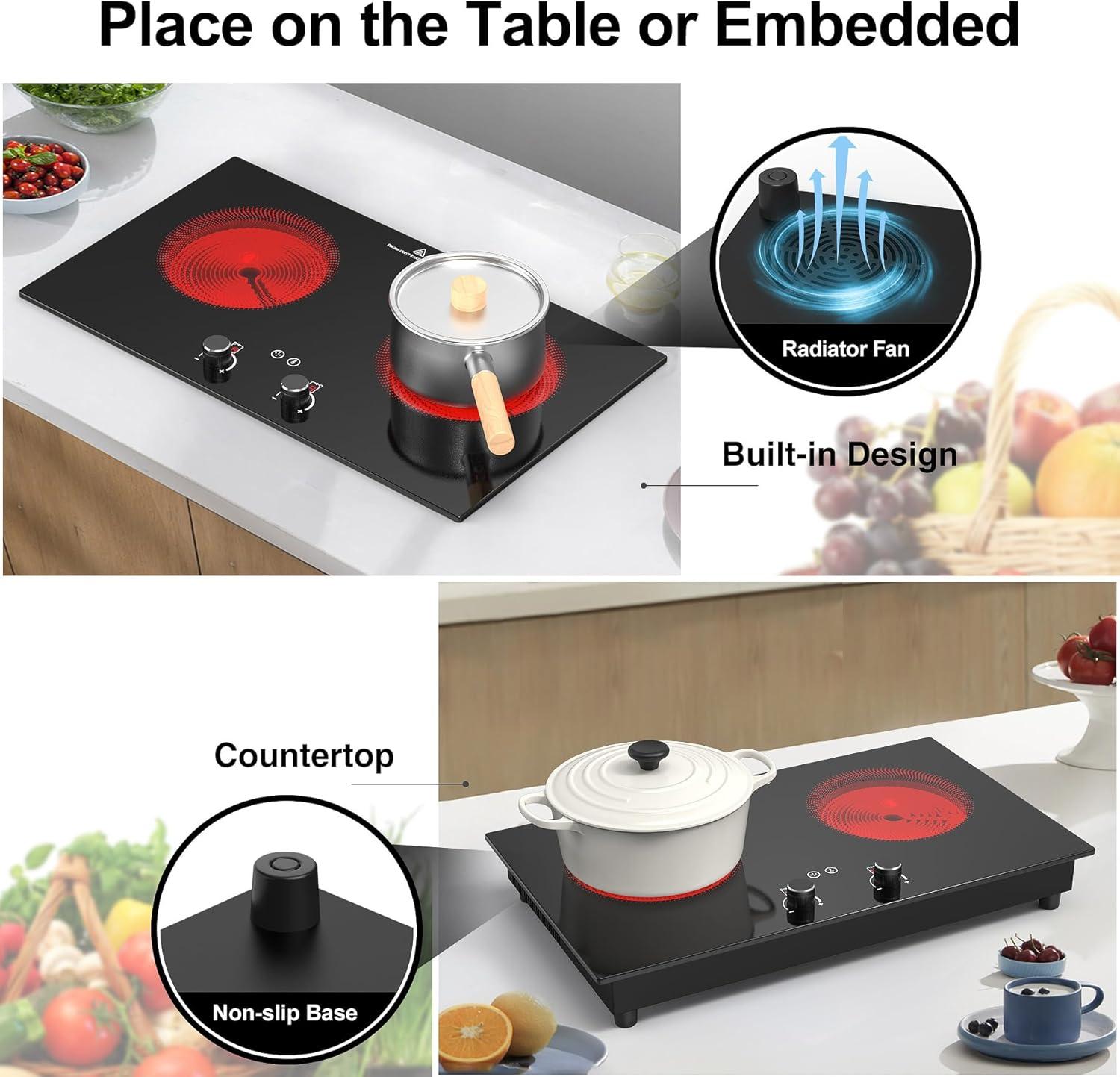 imageVBGK Electric Cooktop2400W Electric Stove TopCountertop and Builtin Hot Plate with Child Safety Lock Timer LED touch Knob ControlOverheat Protection110V 2 Burner Induction Cooktop