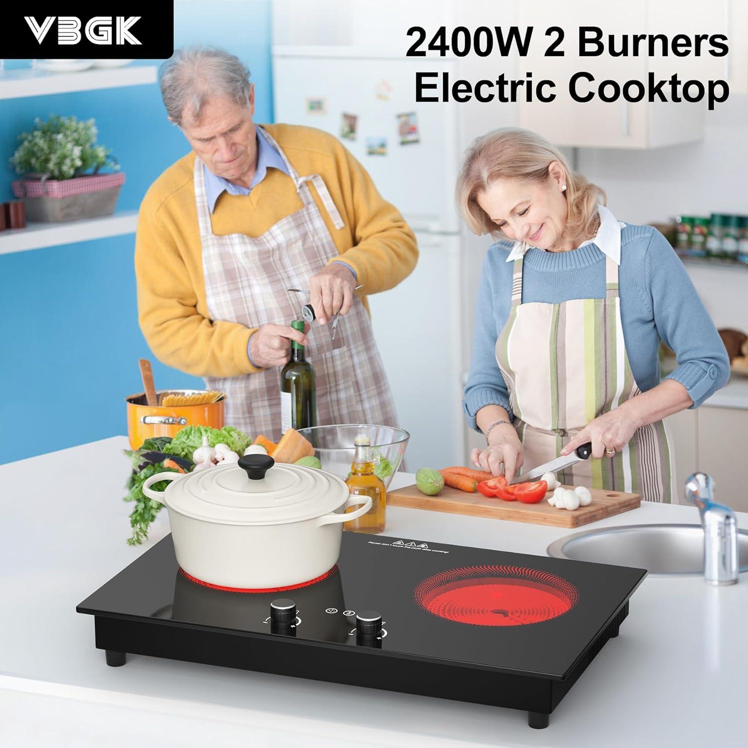 imageVBGK Electric Cooktop2400W Electric Stove TopCountertop and Builtin Hot Plate with Child Safety Lock Timer LED touch Knob ControlOverheat Protection110V 2 Burner Induction Cooktop