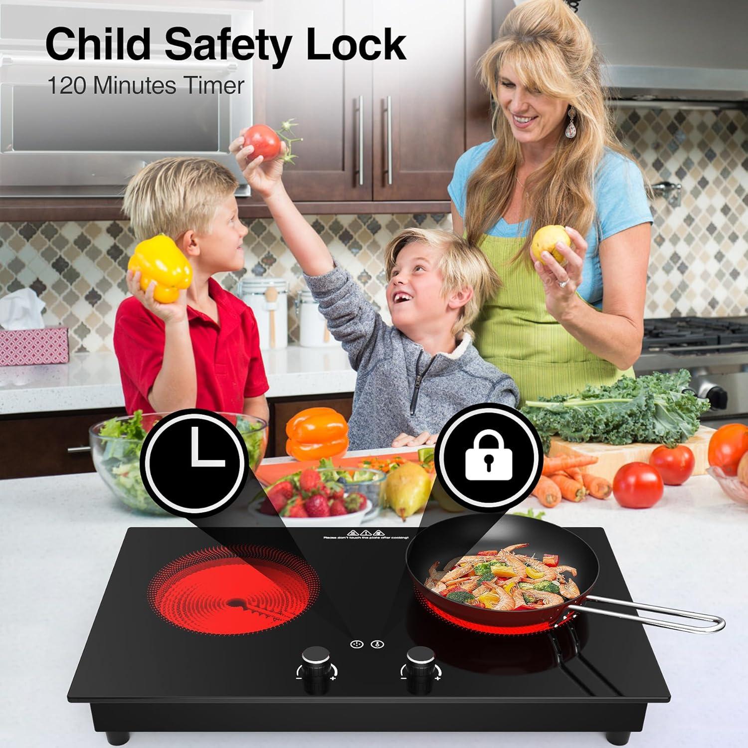 imageVBGK Electric Cooktop2400W Electric Stove TopCountertop and Builtin Hot Plate with Child Safety Lock Timer LED touch Knob ControlOverheat Protection110V 2 Burner Induction Cooktop