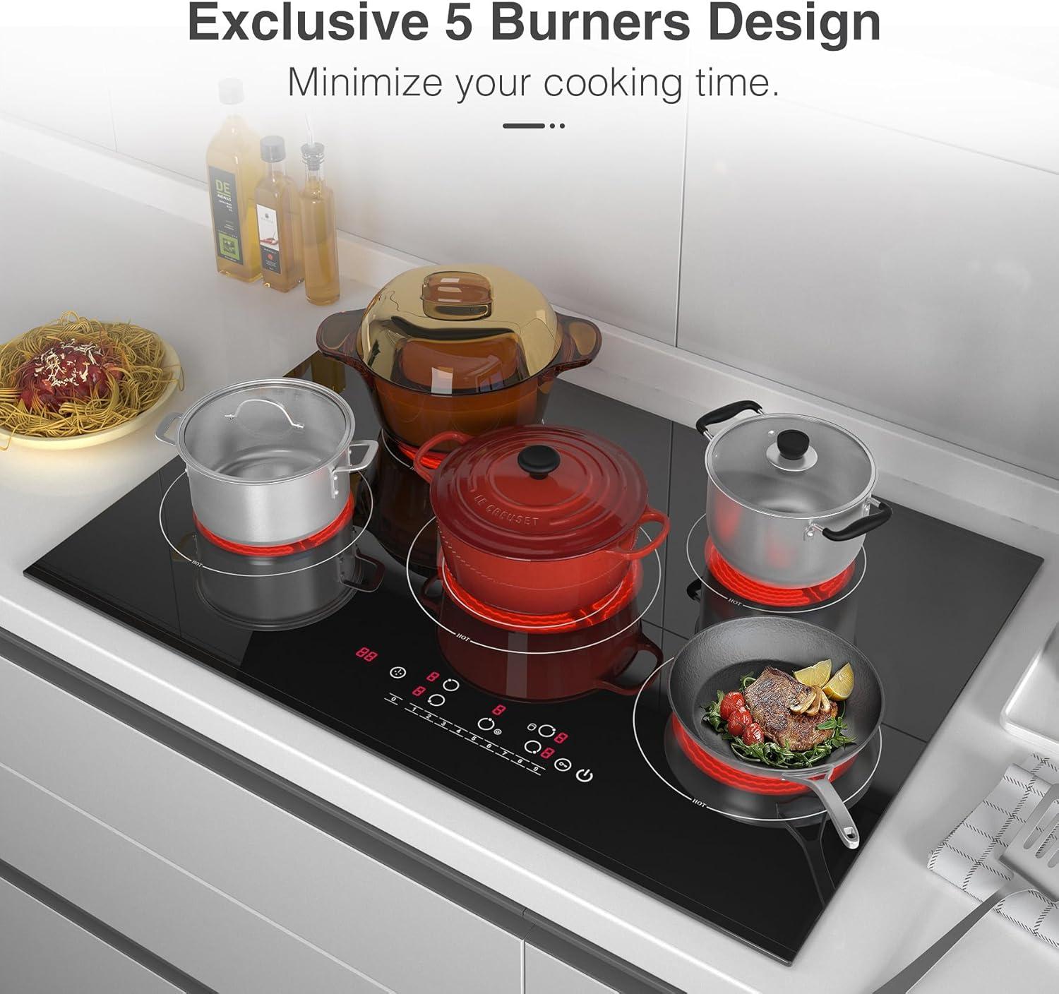 imageVBGK Electric cooktop 30 inch 5 burner Electric Stove Builtin and Countertop Stove Top LED Touch Screen9 Heating Level Timer ampamp Kid Safety Lock 240V 30 inch cooktop