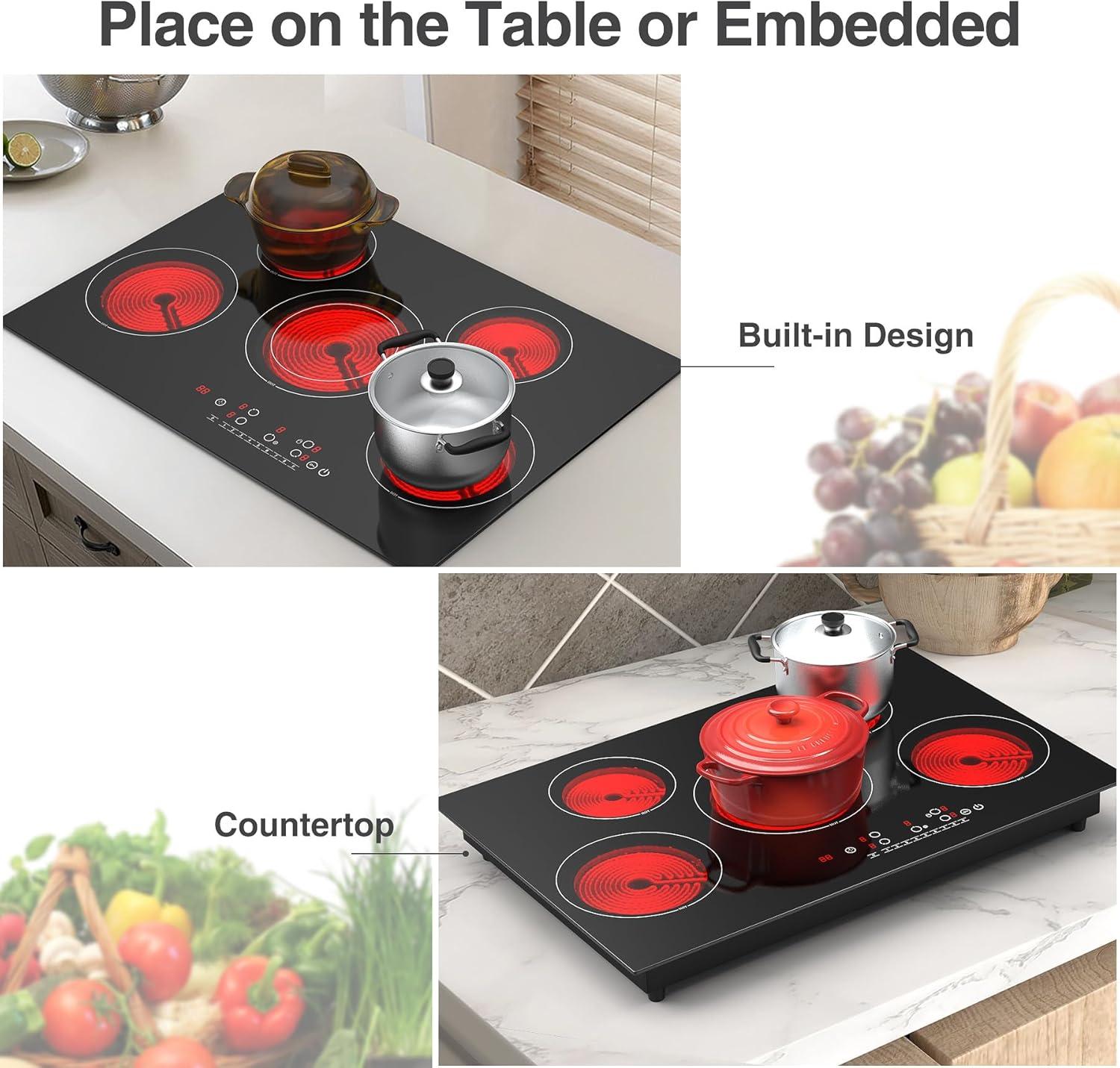 imageVBGK Electric cooktop 30 inch 5 burner Electric Stove Builtin and Countertop Stove Top LED Touch Screen9 Heating Level Timer ampamp Kid Safety Lock 240V 30 inch cooktop