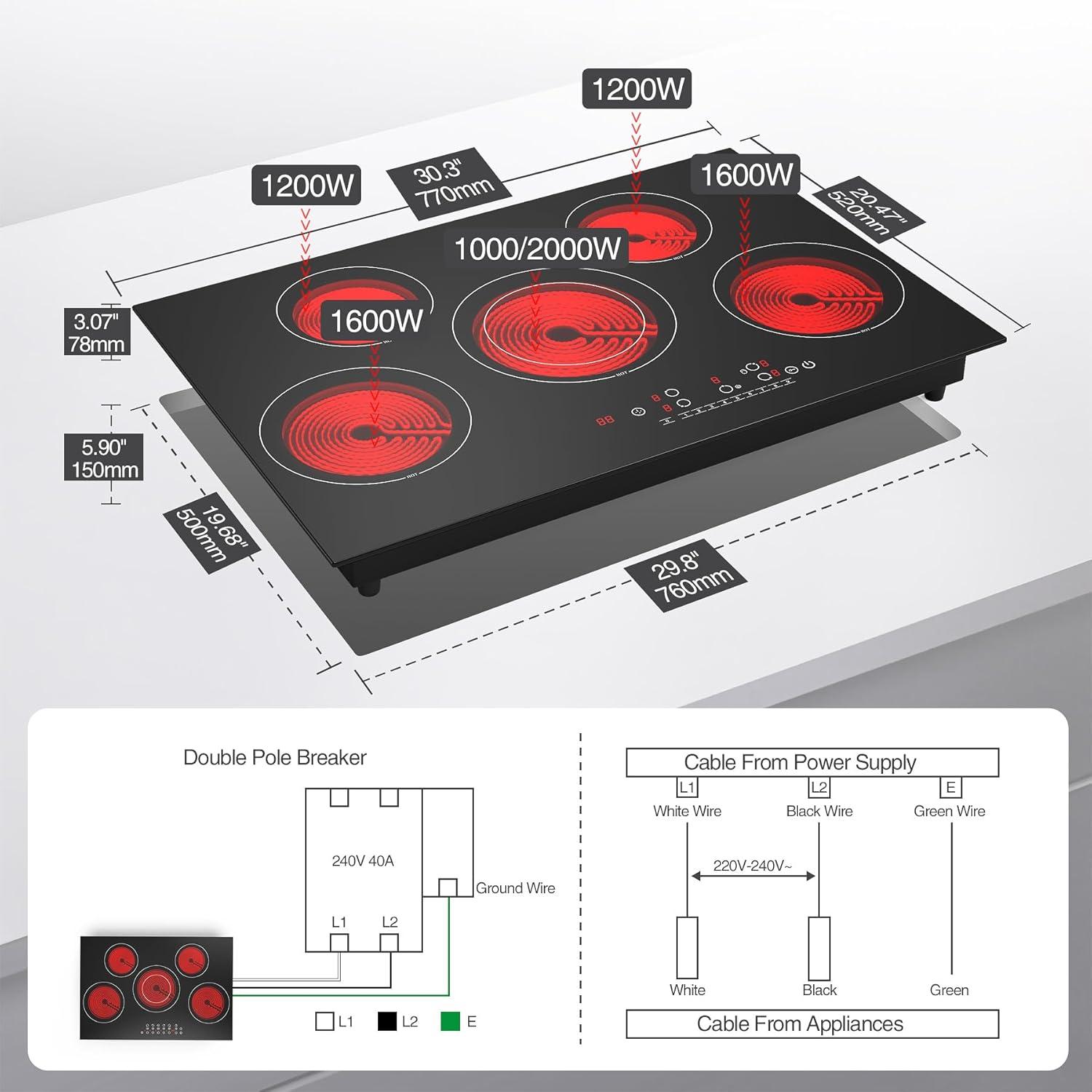imageVBGK Electric cooktop 30 inch 5 burner Electric Stove Builtin and Countertop Stove Top LED Touch Screen9 Heating Level Timer ampamp Kid Safety Lock 240V 30 inch cooktop