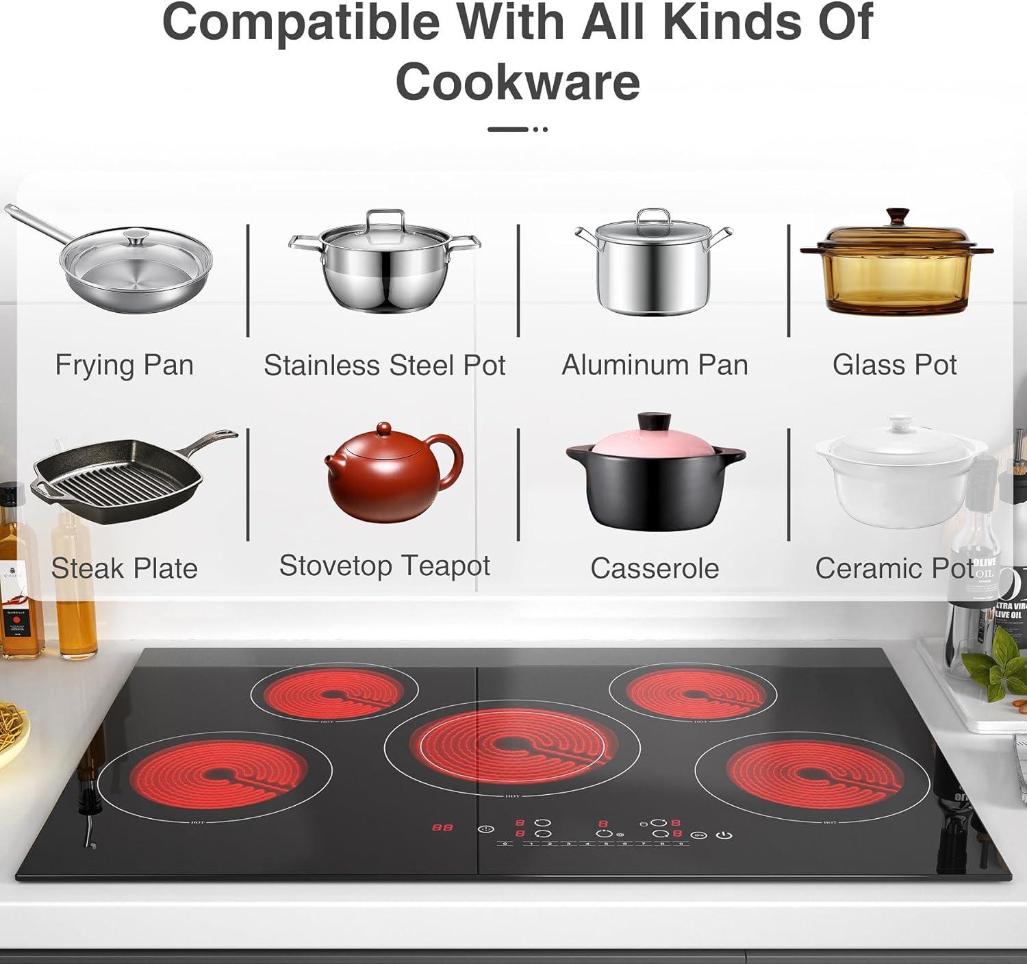 imageVBGK Electric cooktop 30 inch 5 burner Electric Stove Builtin and Countertop Stove Top LED Touch Screen9 Heating Level Timer ampamp Kid Safety Lock 240V 30 inch cooktop