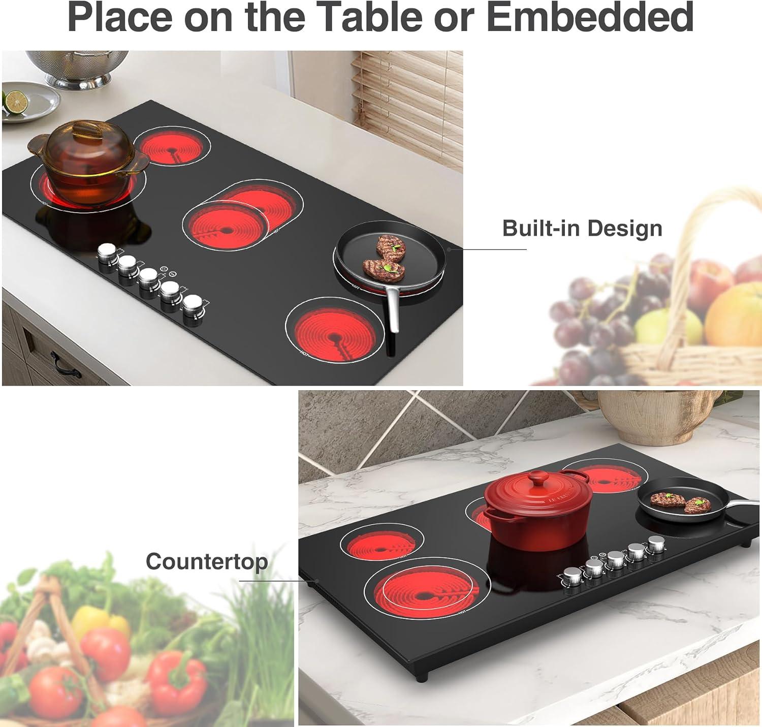 imageVBGK Electric cooktop 36 inch240V 8600W 36 inch Induction CooktopBuiltin and Countertop Electric Stove TopKnob Control 9 Heating Level Timer ampamp Kid Safety Lock