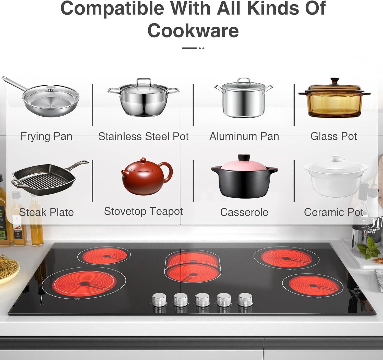 imageVBGK Electric cooktop 36 inch240V 8600W 36 inch Induction CooktopBuiltin and Countertop Electric Stove TopKnob Control 9 Heating Level Timer ampamp Kid Safety Lock
