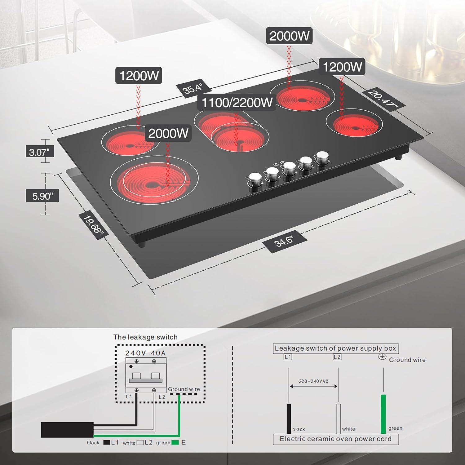 imageVBGK Electric cooktop 36 inch240V 8600W 36 inch Induction CooktopBuiltin and Countertop Electric Stove TopKnob Control 9 Heating Level Timer ampamp Kid Safety Lock