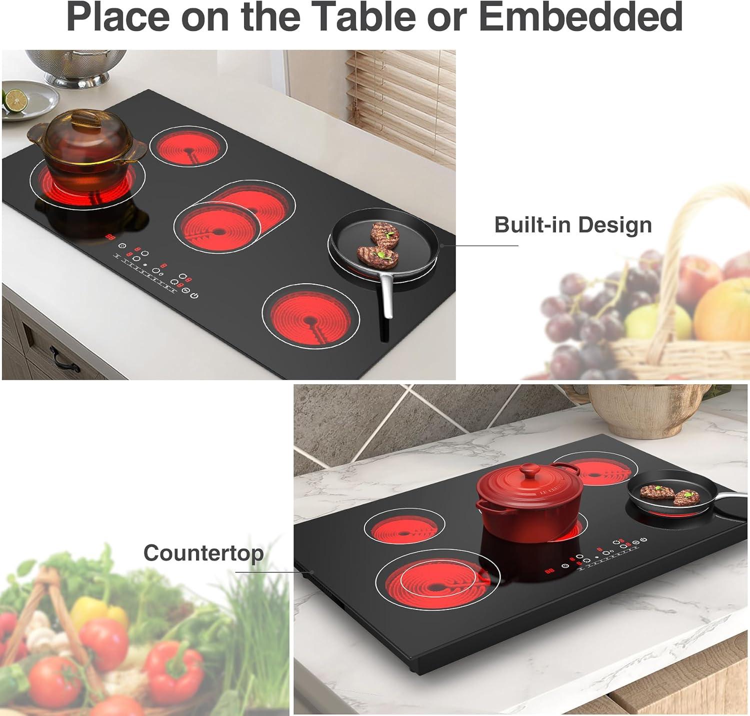 imageVBGK Electric cooktop 36 inchElectric Stove burnerBuiltin and Countertop Stove Top LED Touch Screen9 Heating Level Timer ampamp Kid Safety Lock Touch Control240V 8600W Cooktop