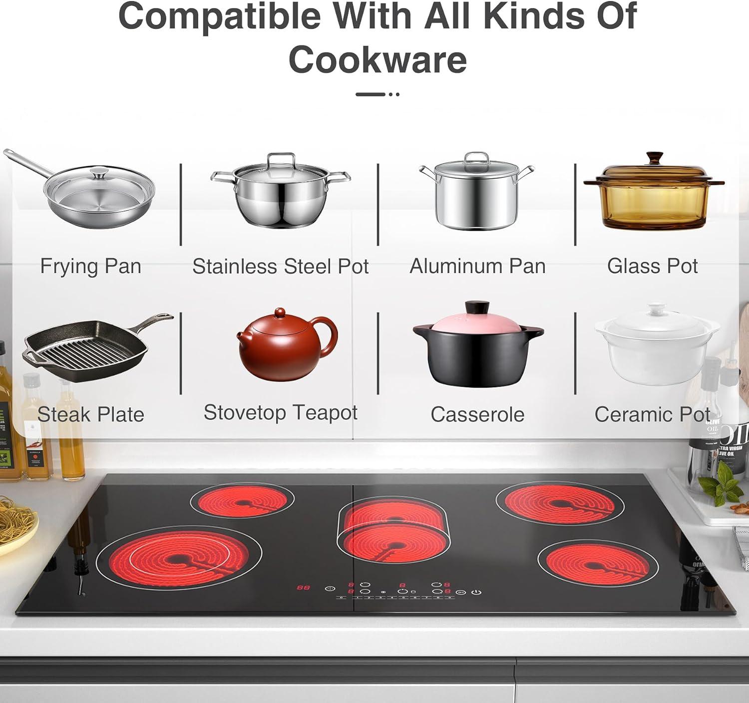 imageVBGK Electric cooktop 36 inchElectric Stove burnerBuiltin and Countertop Stove Top LED Touch Screen9 Heating Level Timer ampamp Kid Safety Lock Touch Control240V 8600W Cooktop