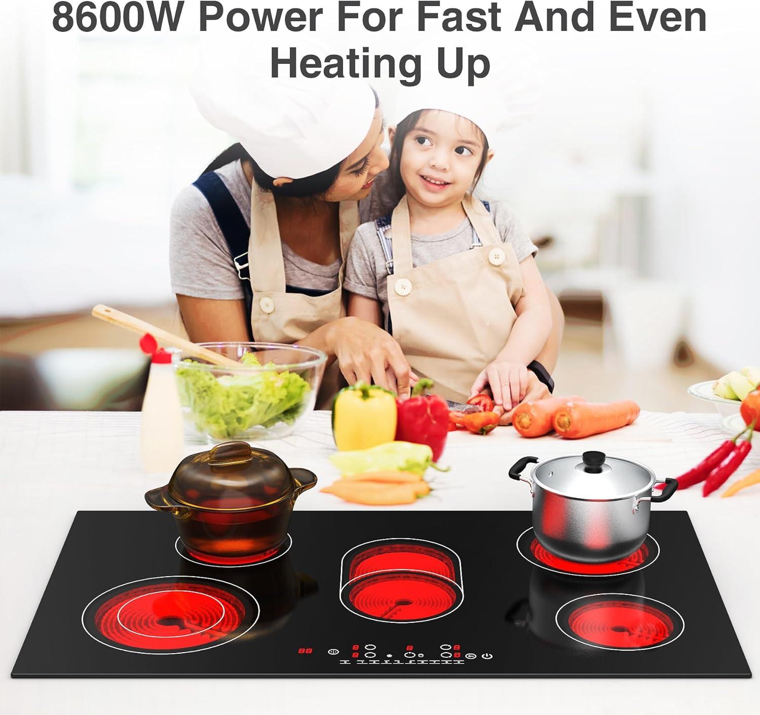 imageVBGK Electric cooktop 36 inchElectric Stove burnerBuiltin and Countertop Stove Top LED Touch Screen9 Heating Level Timer ampamp Kid Safety Lock Touch Control240V 8600W Cooktop