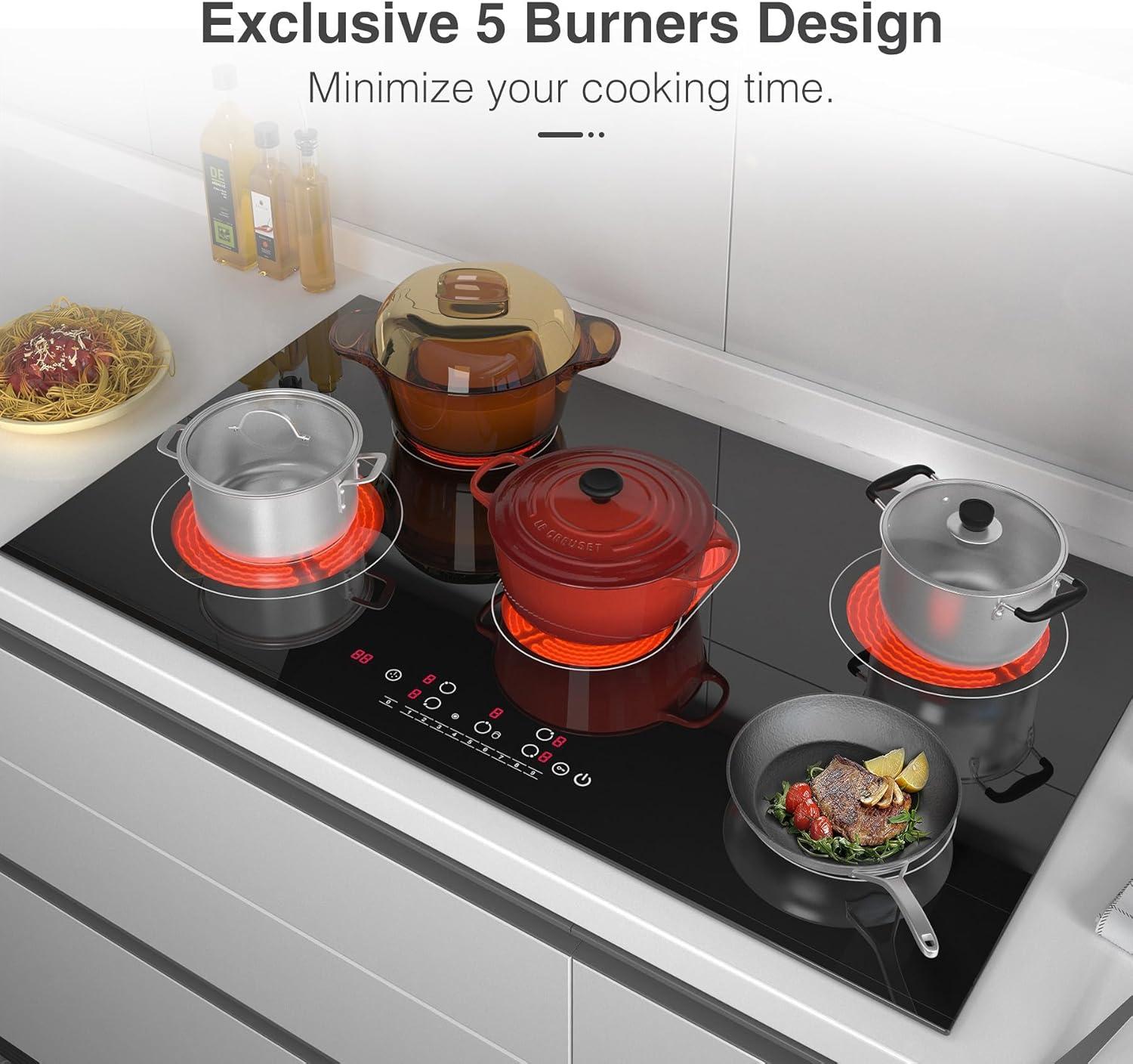 imageVBGK Electric cooktop 36 inchElectric Stove burnerBuiltin and Countertop Stove Top LED Touch Screen9 Heating Level Timer ampamp Kid Safety Lock Touch Control240V 8600W Cooktop