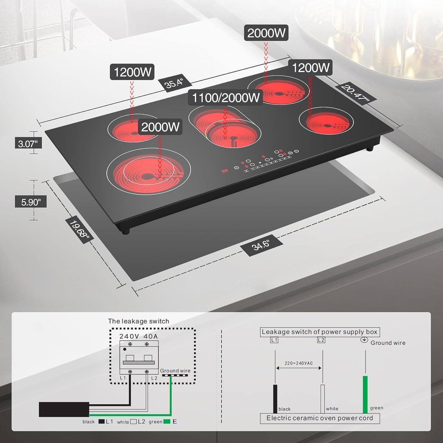 imageVBGK Electric cooktop 36 inchElectric Stove burnerBuiltin and Countertop Stove Top LED Touch Screen9 Heating Level Timer ampamp Kid Safety Lock Touch Control240V 8600W Cooktop