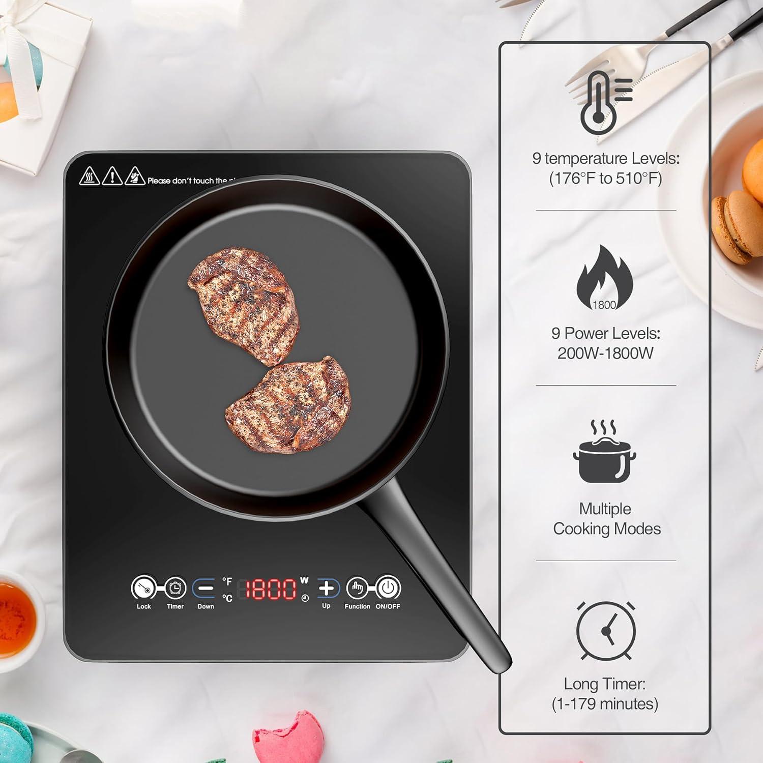 imageVBGK Portable Induction Cooktop110V 1800W Hot Plate Single burner induction cooktop With LED Sensor Touch 9 Power Levels 3h Timer Safety Lock portable cooktop