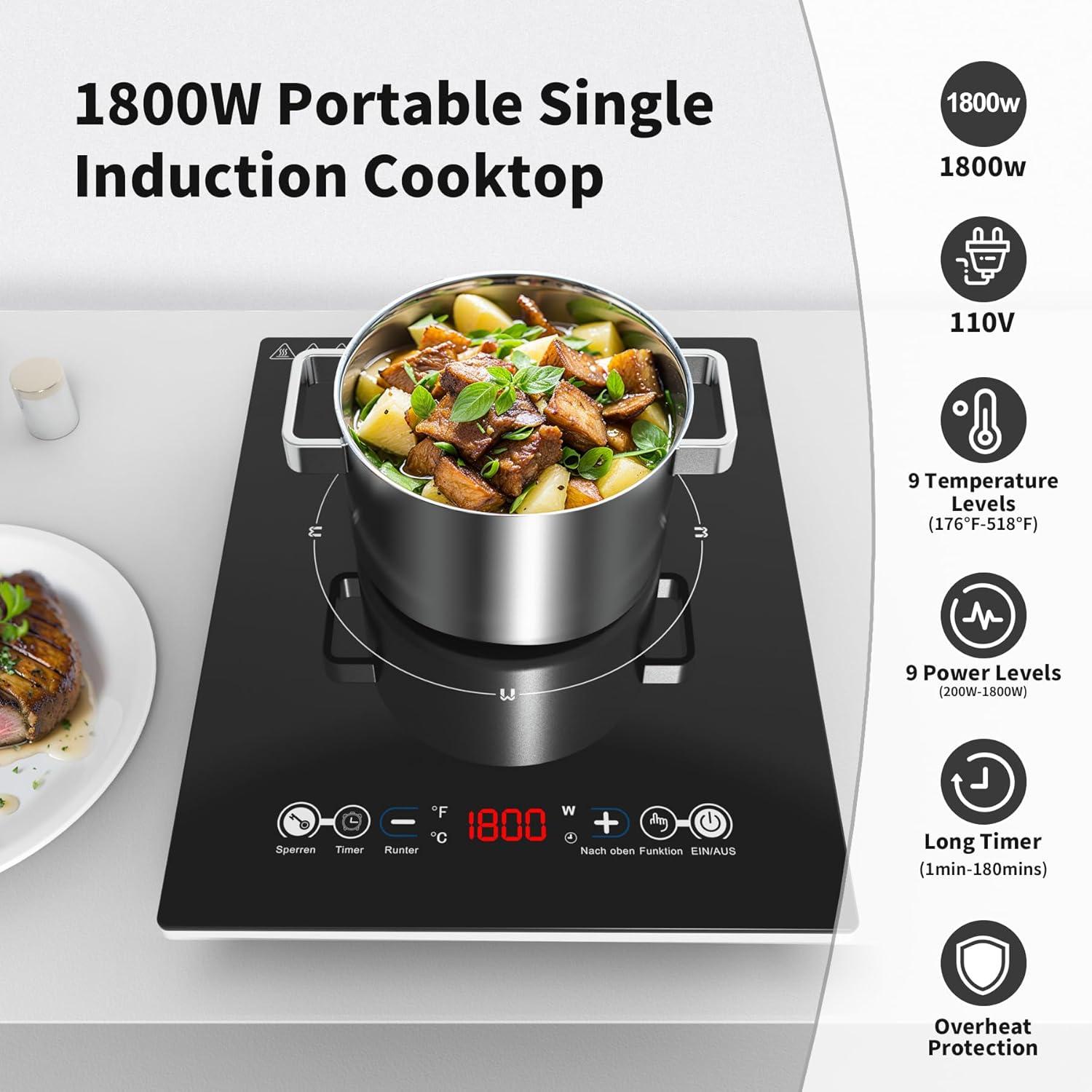 imageVBGK Portable Induction Cooktop110V 1800W Hot Plate Single burner induction cooktop With LED Sensor Touch 9 Power Levels 3h Timer Safety Lock portable cooktop