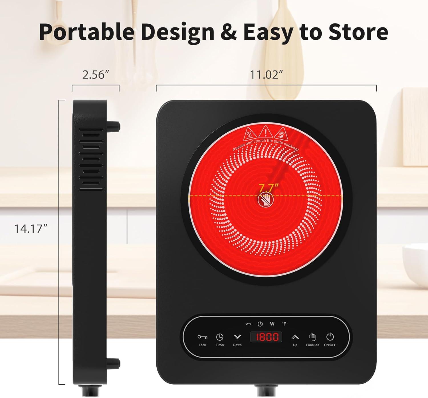 imageVBGK Single Burner Electric Cooktop 110V 1800W Electric Cooktop with LED Touch Controls and Knob Controls 10 Power Levels 4Hour Timer Safety Lock Single Burner Overheat Protection