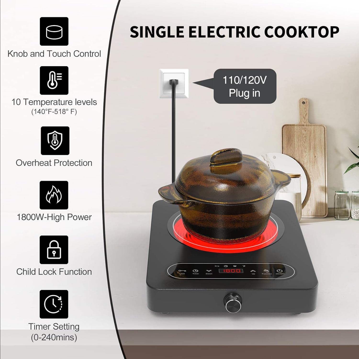 imageVBGK Single Burner Electric Cooktop 110V 1800W Electric Cooktop with LED Touch Controls and Knob Controls 10 Power Levels 4Hour Timer Safety Lock Single Burner Overheat Protection