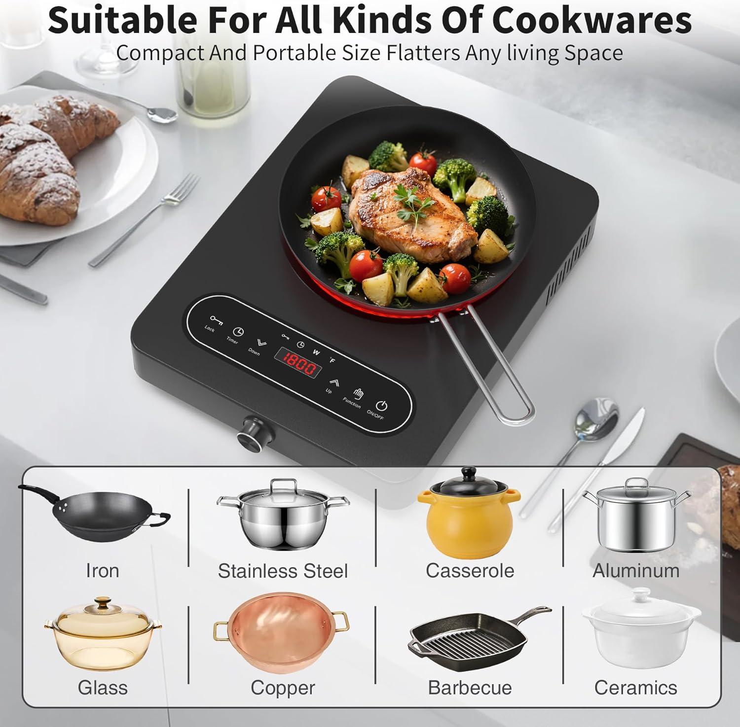 imageVBGK Single Burner Electric Cooktop 110V 1800W Electric Cooktop with LED Touch Controls and Knob Controls 10 Power Levels 4Hour Timer Safety Lock Single Burner Overheat Protection