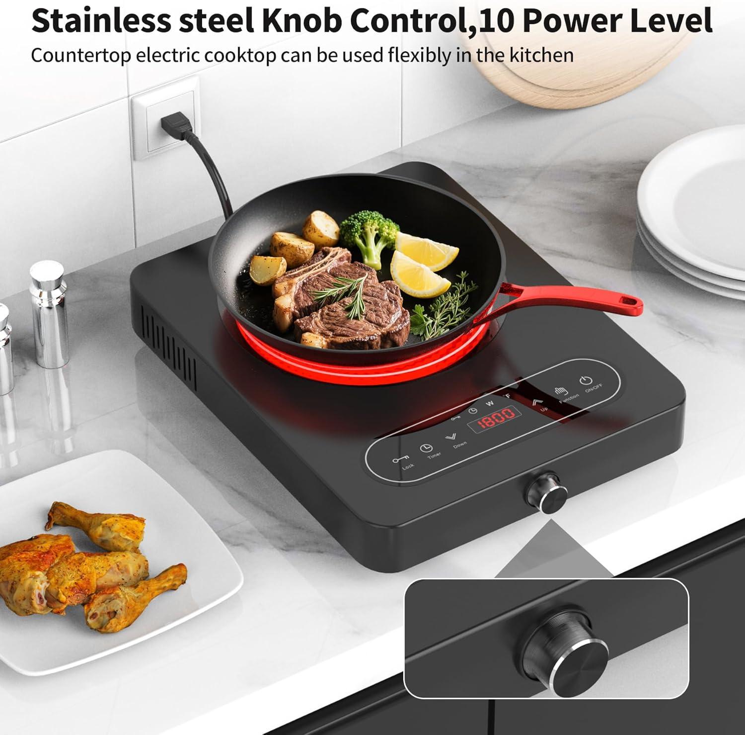 imageVBGK Single Burner Electric Cooktop 110V 1800W Electric Cooktop with LED Touch Controls and Knob Controls 10 Power Levels 4Hour Timer Safety Lock Single Burner Overheat Protection