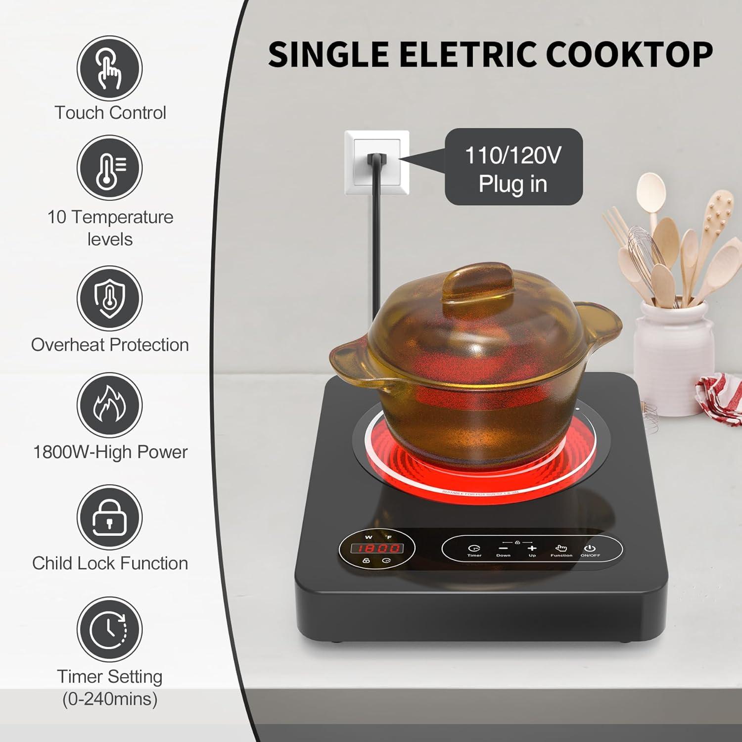 imageVBGK Single Burner Electric Cooktop110V 1800W Electric Stove Top with LED Touch Control 10 Power Levels 4 hTimer Safety LockPortable single burner cooktop