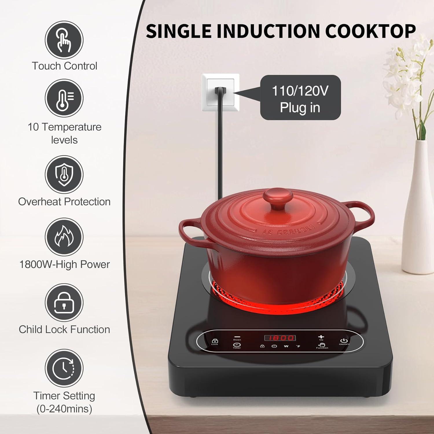 imageVBGK Single Burner Electric Cooktop110V 1800W Electric Stove Top with LED Touch Control10 Power Levels 4 hTimer Safety LockPortable cooktopOverheat protection