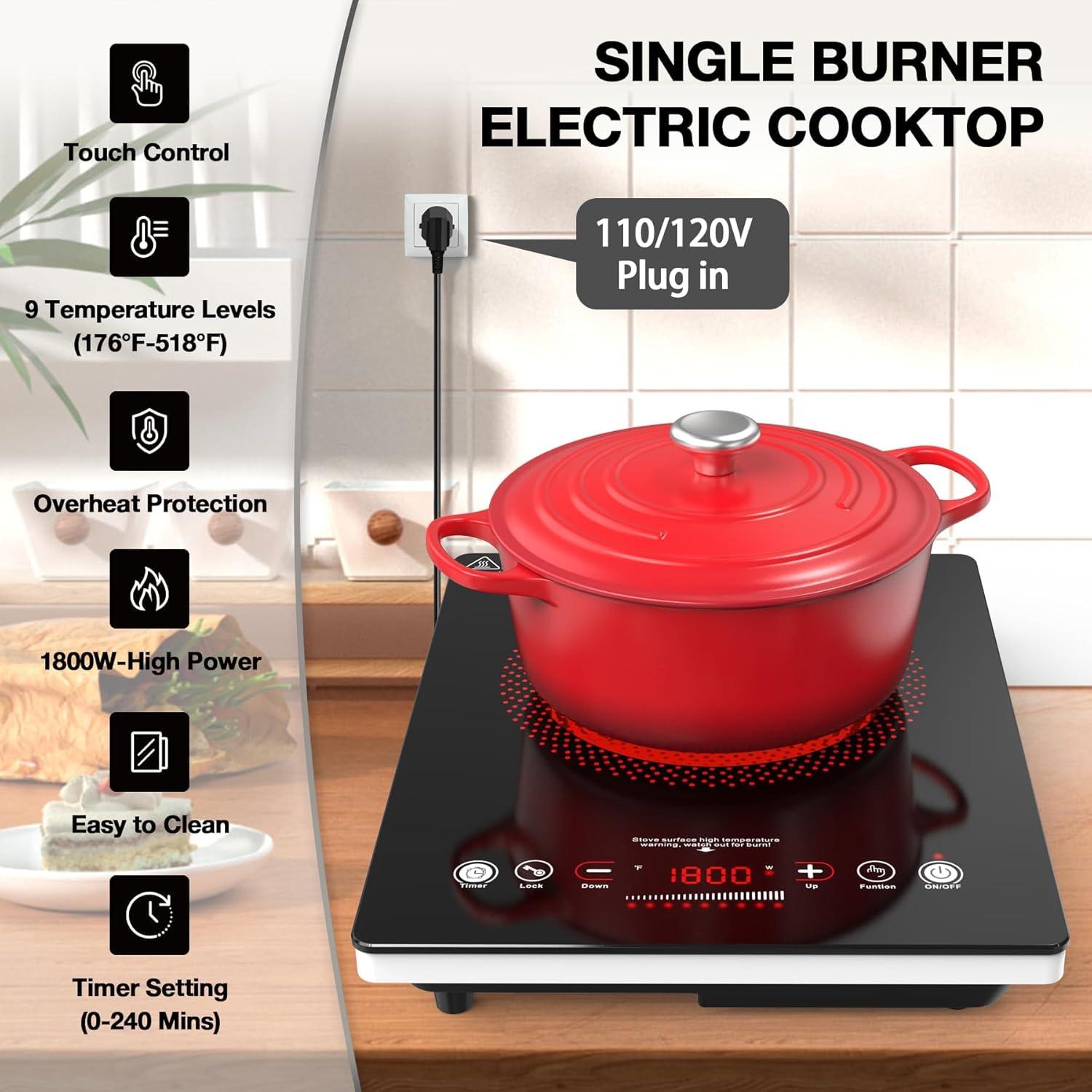 imageVBGK Single Burner Electric Cooktop110V 1800W Electric Stove Top with LED Touch ControlSingle electric burner 9 Power Levels 4 hTimer Safety LockOverheat protection