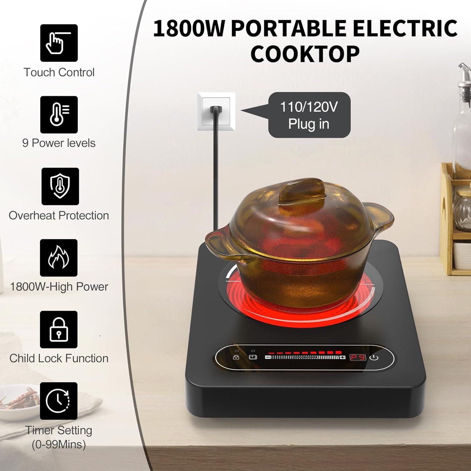 imageVBGK Single Burner Electric Cooktop110V 1800W Stove Top with LED Touch Control9 Power Levels Timer Safety Locksingle Electric burner Overheat protection